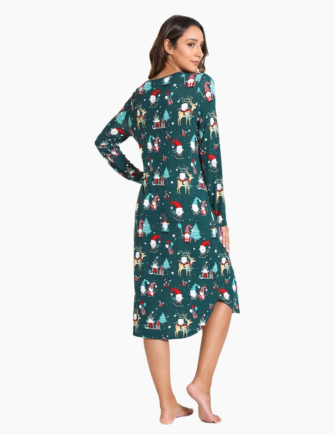 imageGYS Bamboo Viscose Nightgowns for Women Soft Long Sleeve V Neck Night Shirts Sleepwear Below the Knee Long Nightgown PajamaChristmas Green