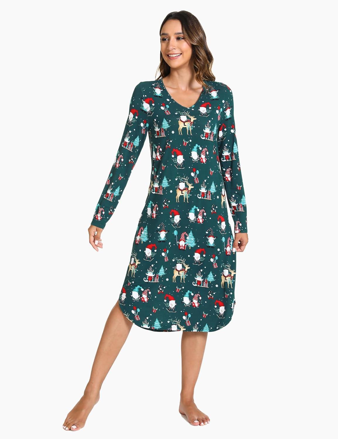 imageGYS Bamboo Viscose Nightgowns for Women Soft Long Sleeve V Neck Night Shirts Sleepwear Below the Knee Long Nightgown PajamaChristmas Green