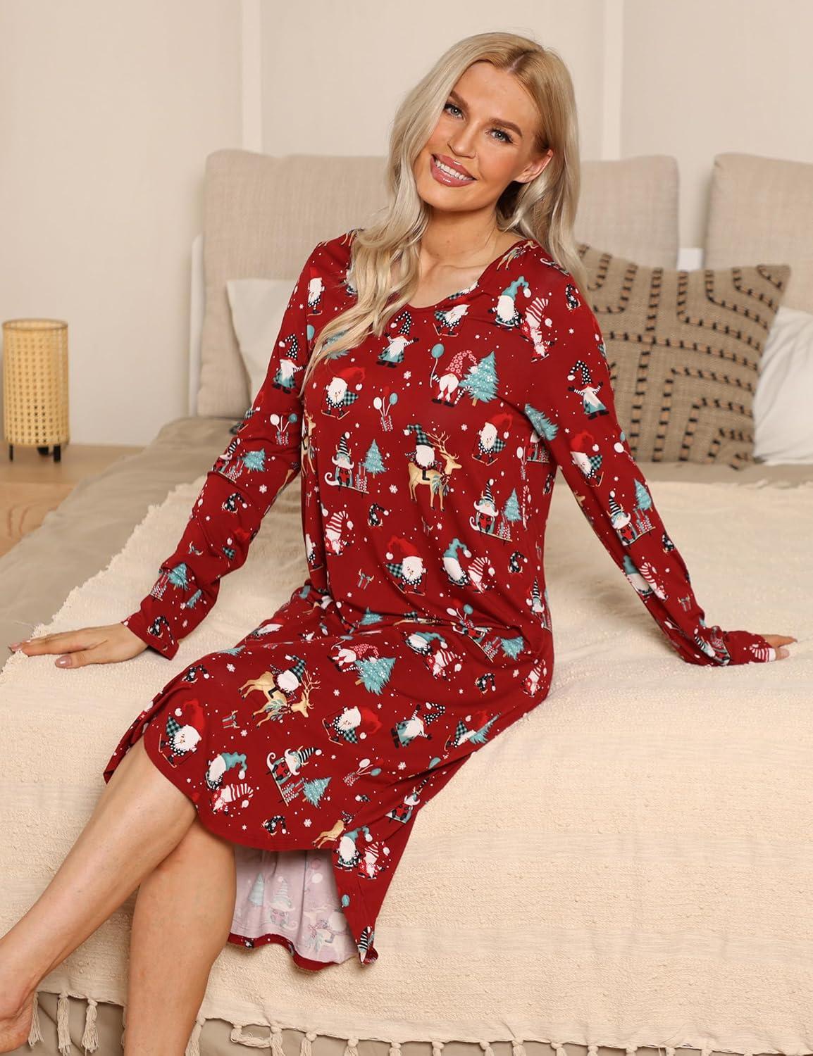 imageGYS Bamboo Viscose Nightgowns for Women Soft Long Sleeve V Neck Night Shirts Sleepwear Below the Knee Long Nightgown PajamaChristmas Red