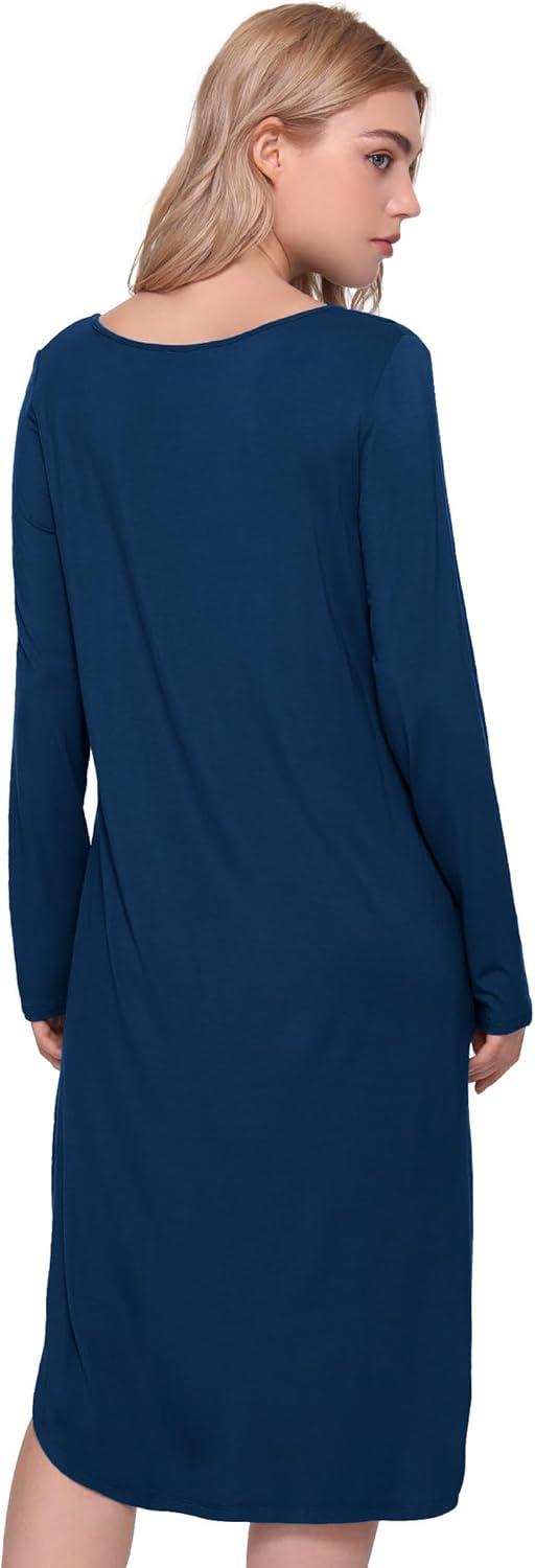 imageGYS Bamboo Viscose Nightgowns for Women Soft Long Sleeve V Neck Night Shirts Sleepwear Below the Knee Long Nightgown PajamaInk Blue
