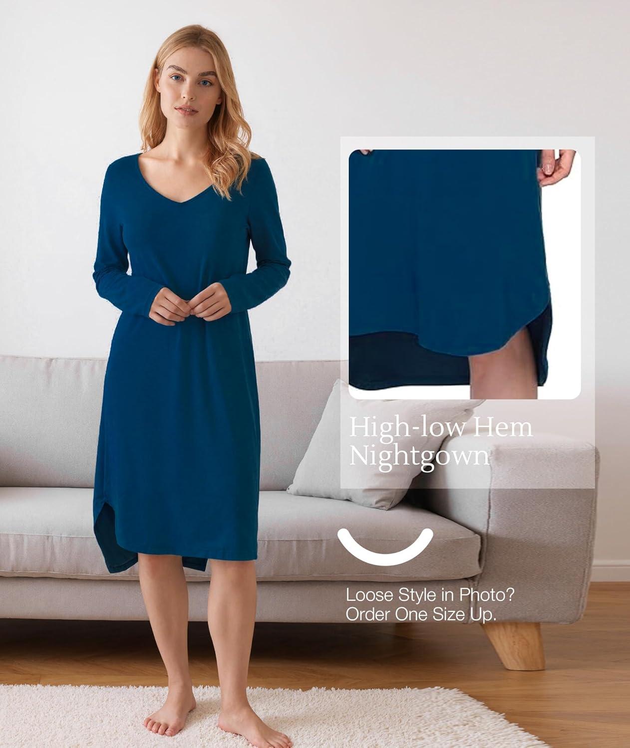 imageGYS Bamboo Viscose Nightgowns for Women Soft Long Sleeve V Neck Night Shirts Sleepwear Below the Knee Long Nightgown PajamaInk Blue
