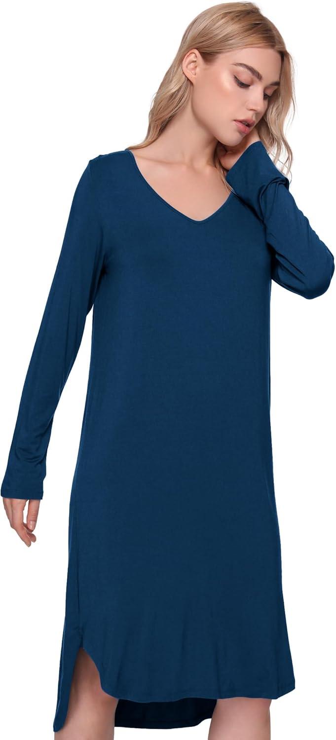 imageGYS Bamboo Viscose Nightgowns for Women Soft Long Sleeve V Neck Night Shirts Sleepwear Below the Knee Long Nightgown PajamaInk Blue