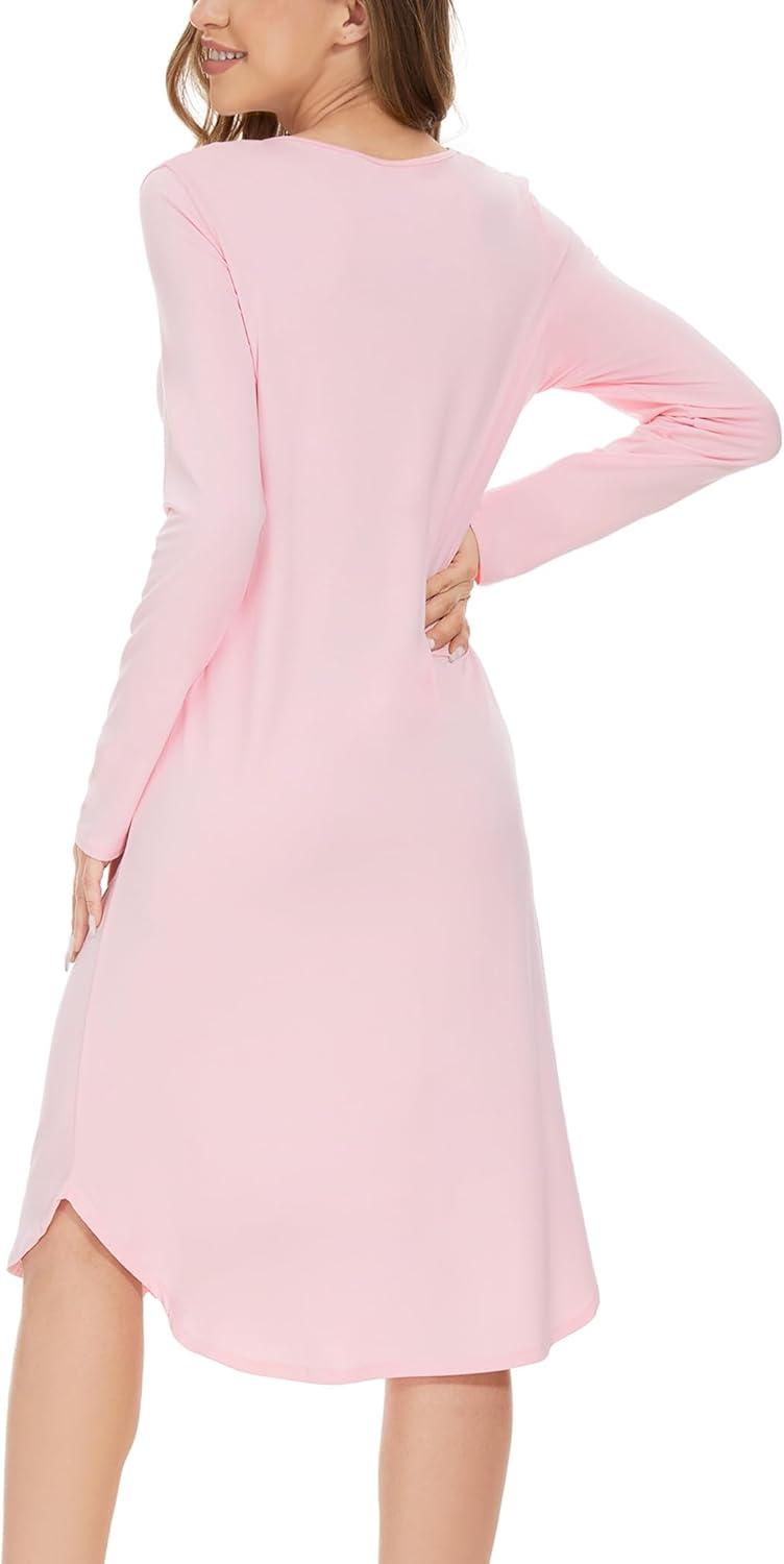 imageGYS Bamboo Viscose Nightgowns for Women Soft Long Sleeve V Neck Night Shirts Sleepwear Below the Knee Long Nightgown PajamaPink