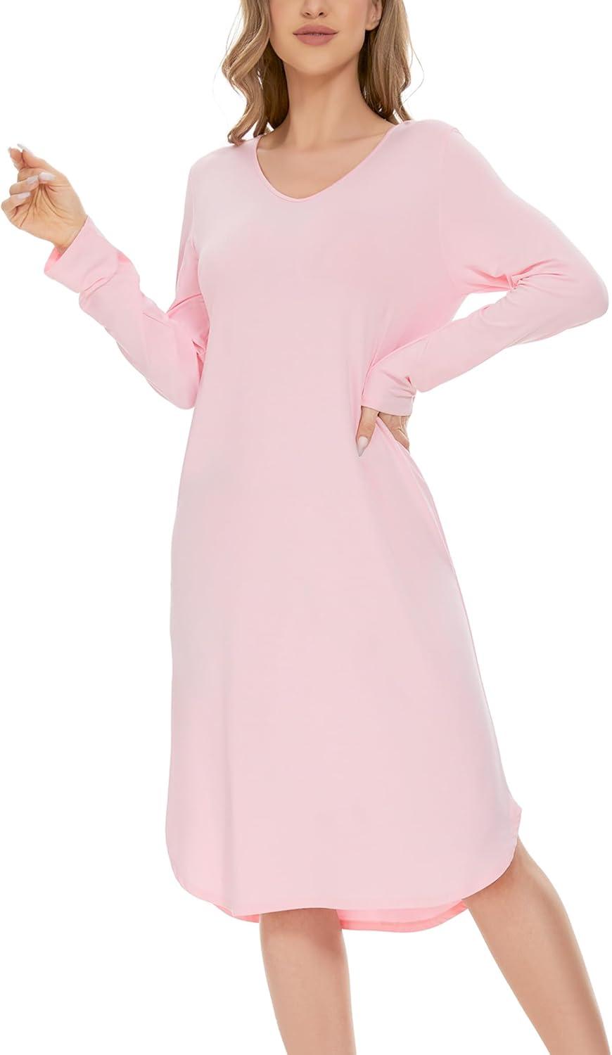imageGYS Bamboo Viscose Nightgowns for Women Soft Long Sleeve V Neck Night Shirts Sleepwear Below the Knee Long Nightgown PajamaPink