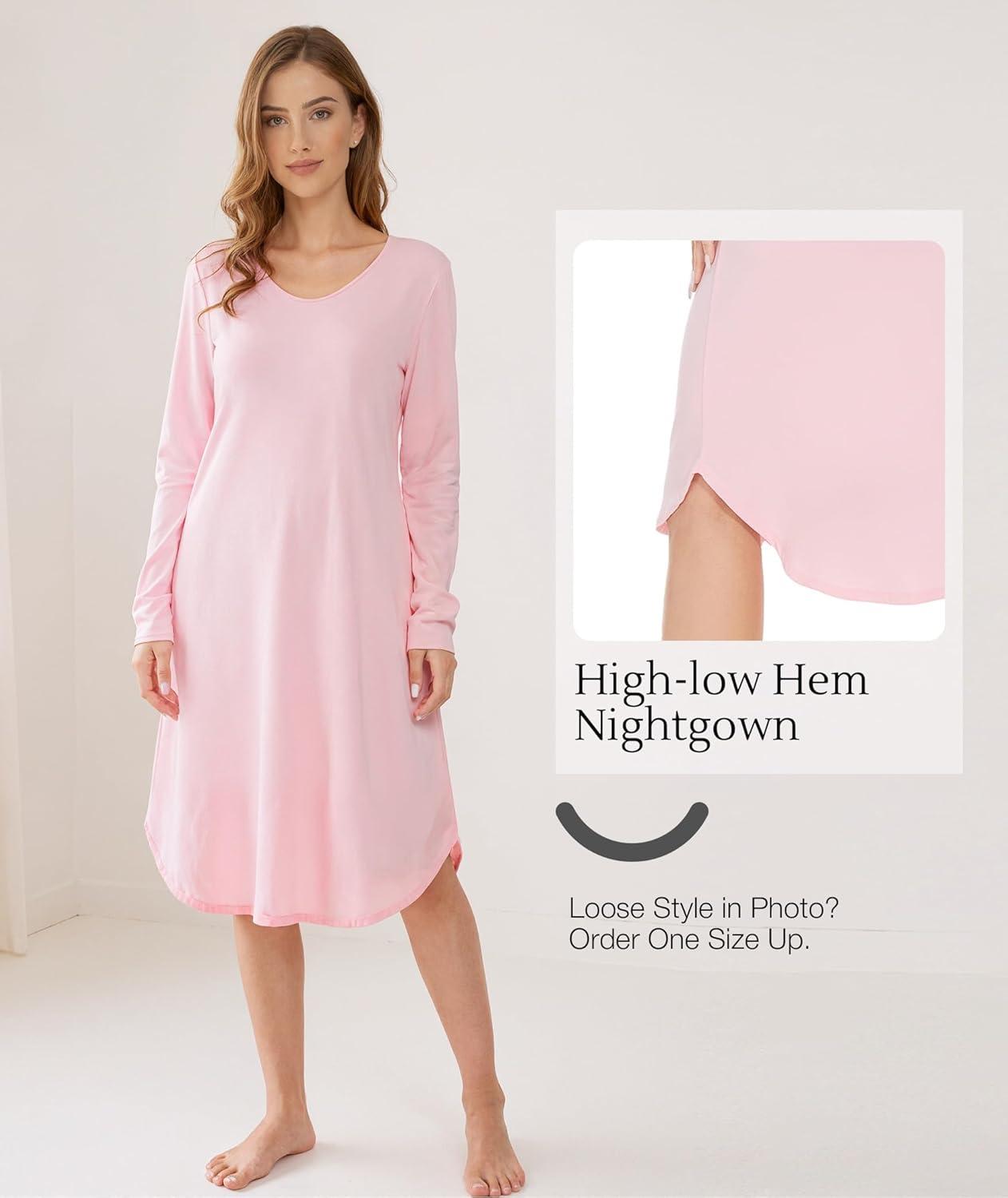 imageGYS Bamboo Viscose Nightgowns for Women Soft Long Sleeve V Neck Night Shirts Sleepwear Below the Knee Long Nightgown PajamaPink