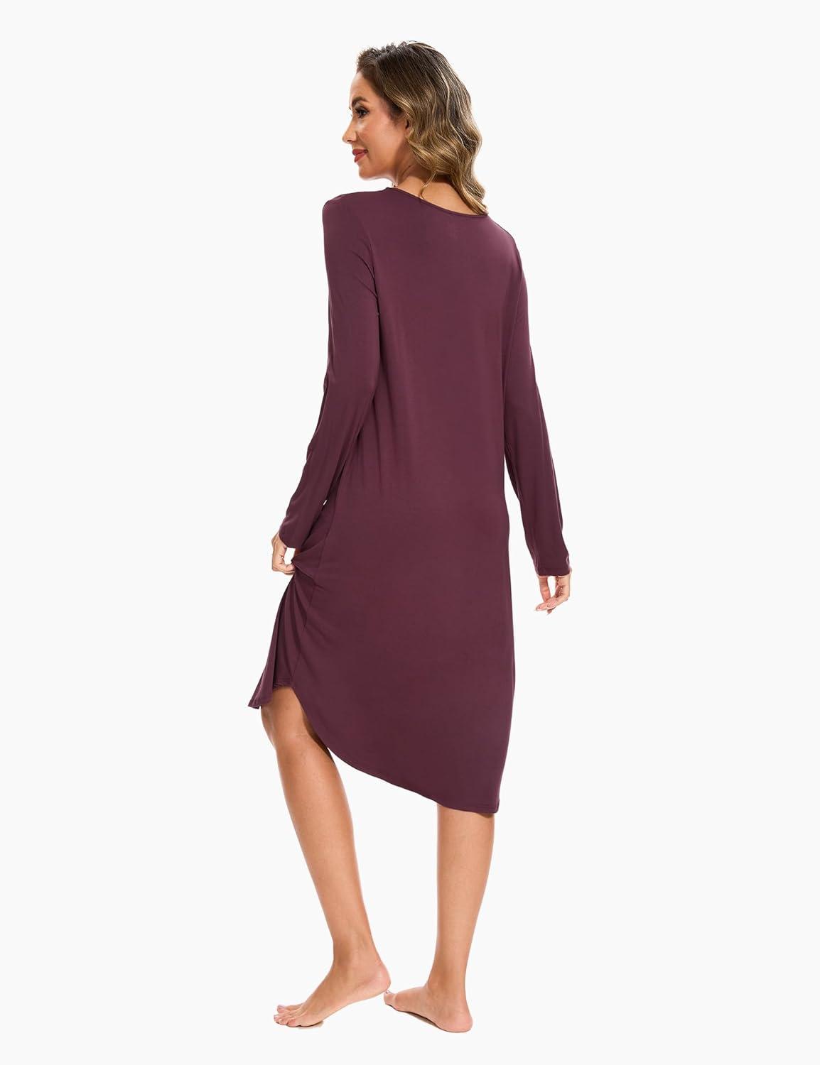 imageGYS Bamboo Viscose Nightgowns for Women Soft Long Sleeve V Neck Night Shirts Sleepwear Below the Knee Long Nightgown PajamaPrune Purple