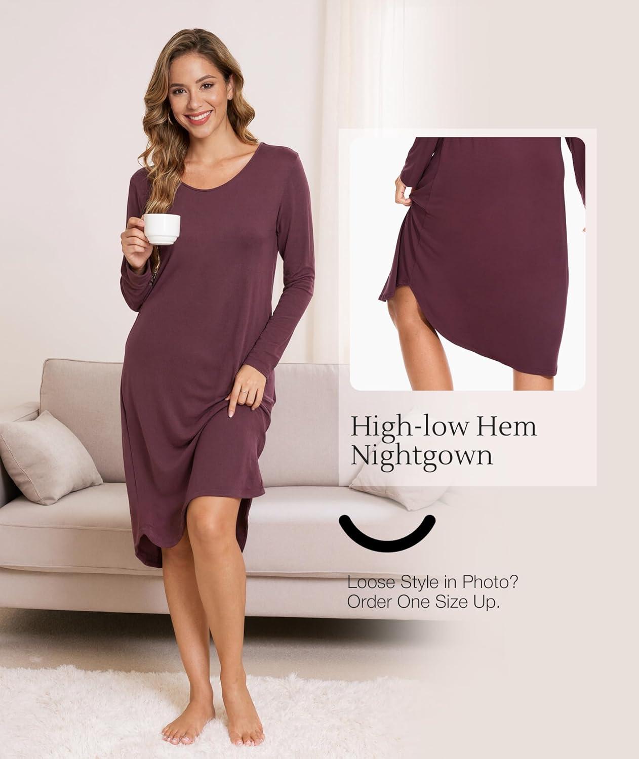 imageGYS Bamboo Viscose Nightgowns for Women Soft Long Sleeve V Neck Night Shirts Sleepwear Below the Knee Long Nightgown PajamaPrune Purple
