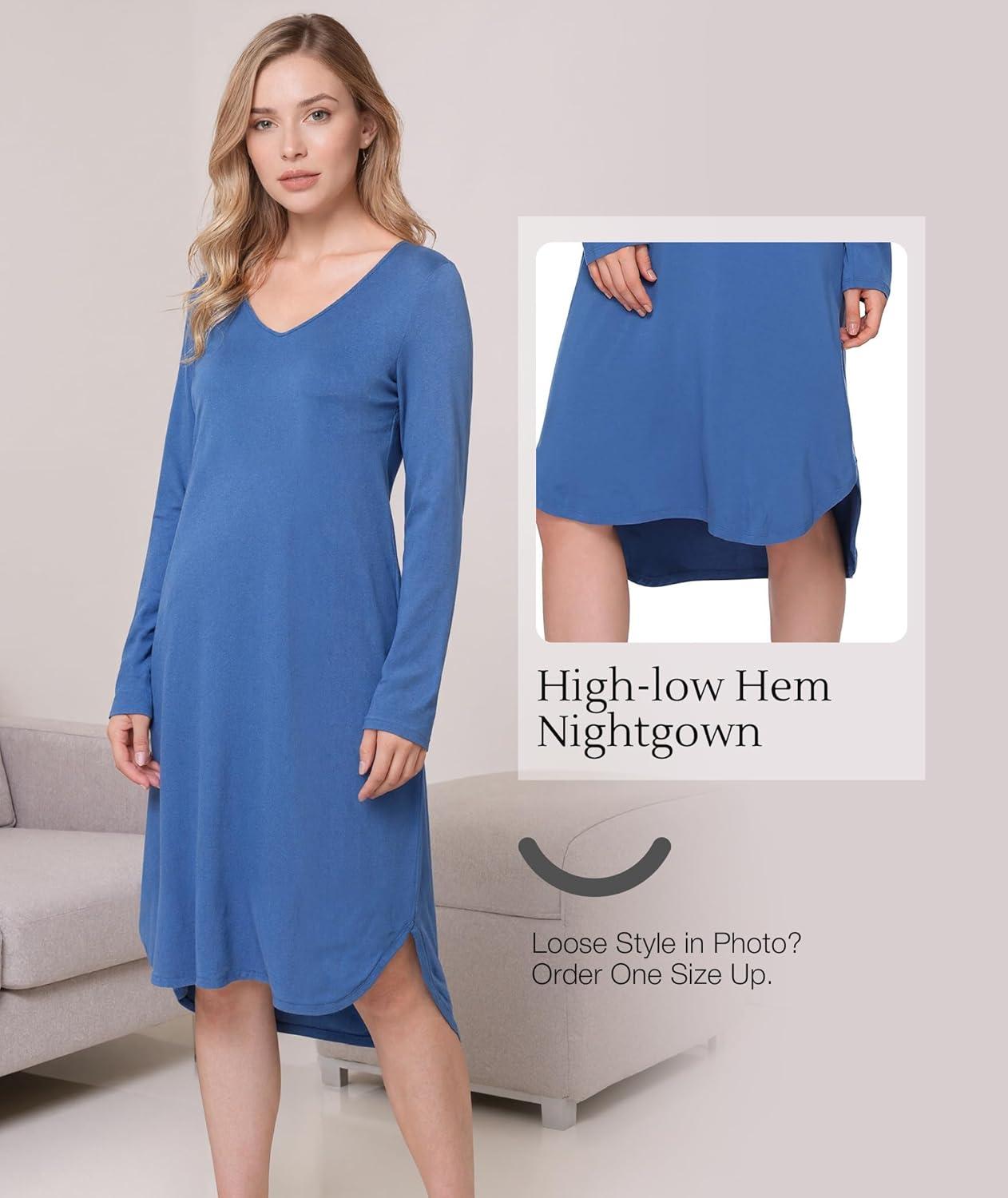 imageGYS Bamboo Viscose Nightgowns for Women Soft Long Sleeve V Neck Night Shirts Sleepwear Below the Knee Long Nightgown PajamaPrussian Blue