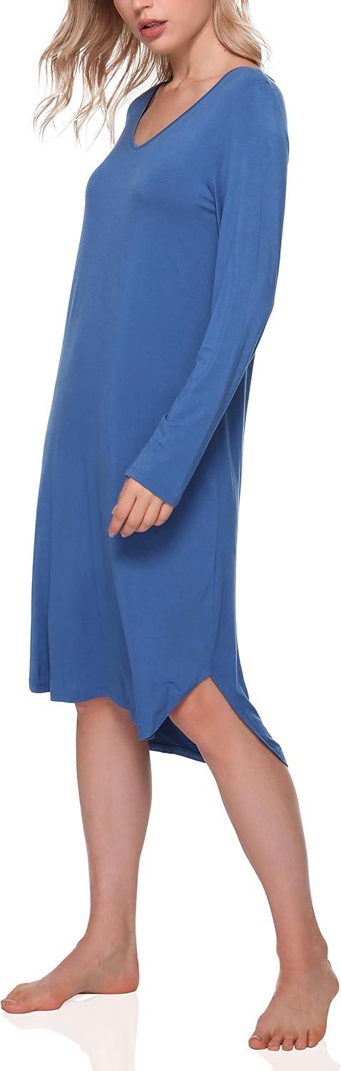 imageGYS Bamboo Viscose Nightgowns for Women Soft Long Sleeve V Neck Night Shirts Sleepwear Below the Knee Long Nightgown PajamaPrussian Blue