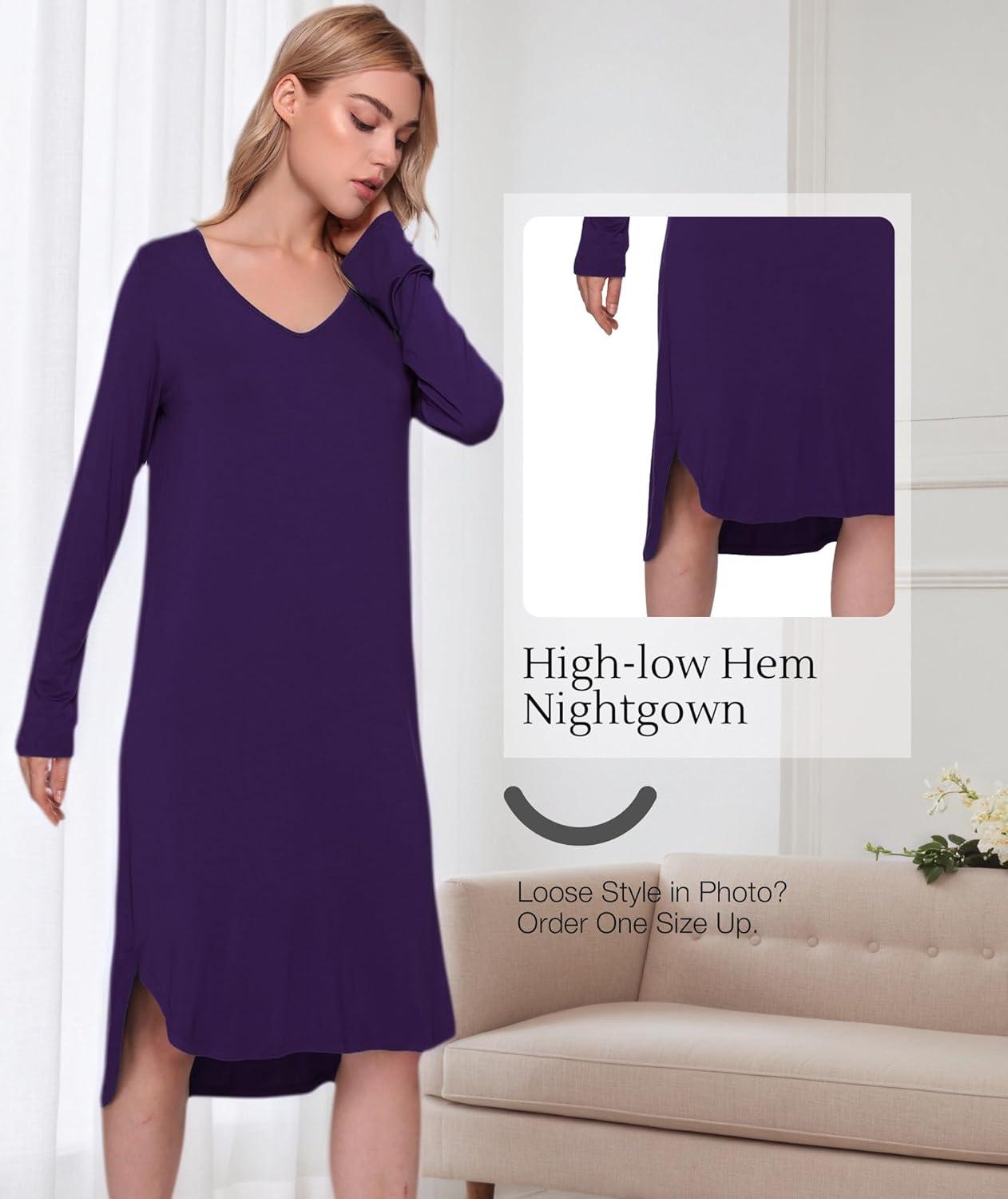 imageGYS Bamboo Viscose Nightgowns for Women Soft Long Sleeve V Neck Night Shirts Sleepwear Below the Knee Long Nightgown PajamaPurple