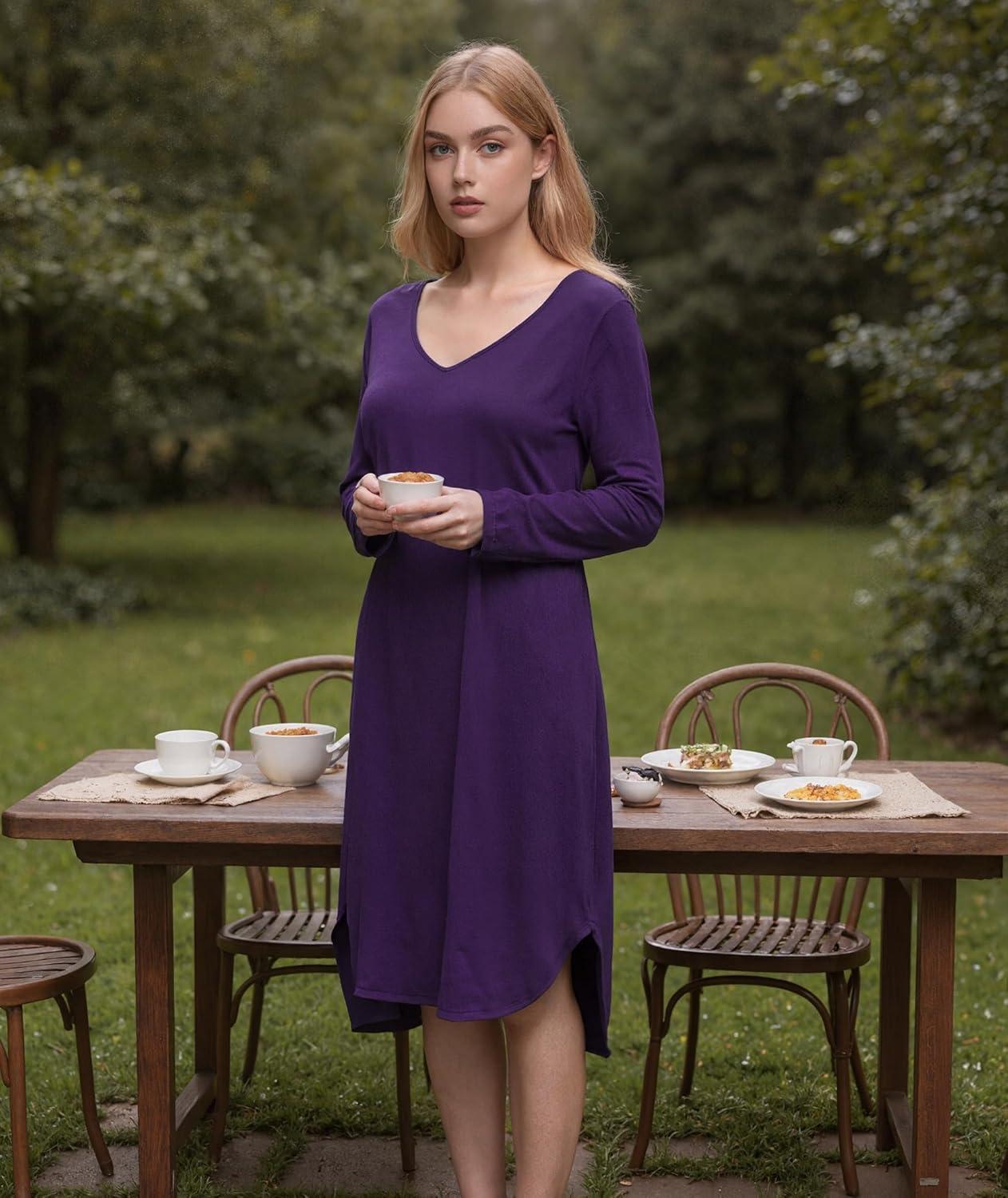 imageGYS Bamboo Viscose Nightgowns for Women Soft Long Sleeve V Neck Night Shirts Sleepwear Below the Knee Long Nightgown PajamaPurple