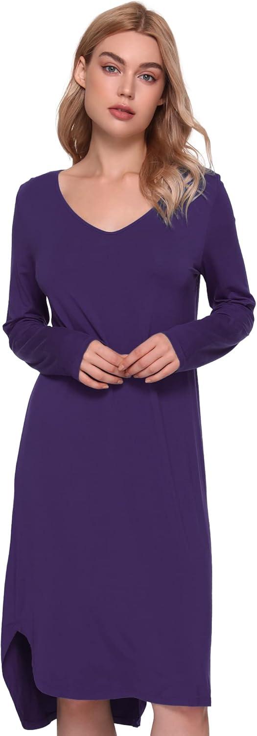 imageGYS Bamboo Viscose Nightgowns for Women Soft Long Sleeve V Neck Night Shirts Sleepwear Below the Knee Long Nightgown PajamaPurple