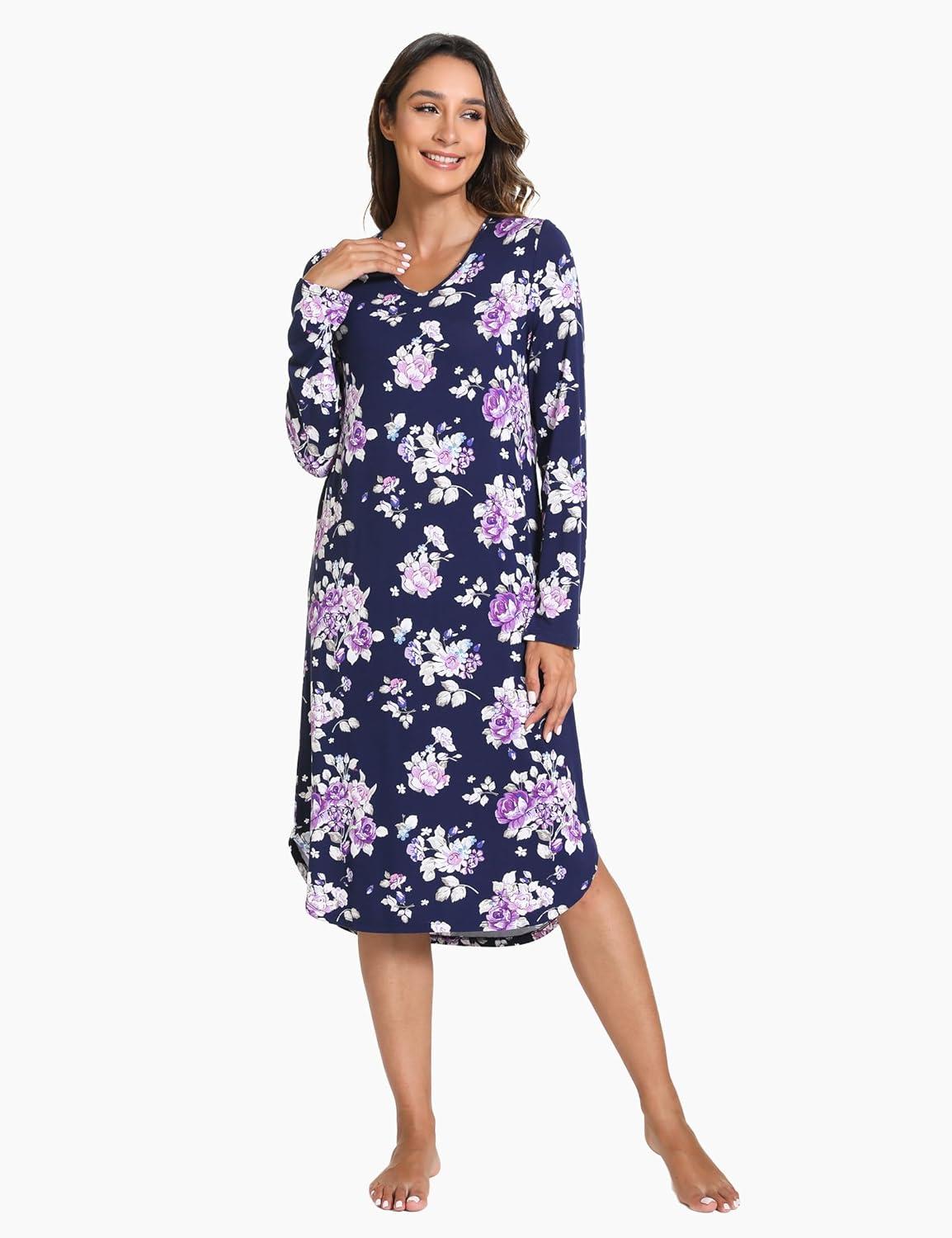 imageGYS Bamboo Viscose Nightgowns for Women Soft Long Sleeve V Neck Night Shirts Sleepwear Below the Knee Long Nightgown PajamaPurple Floral