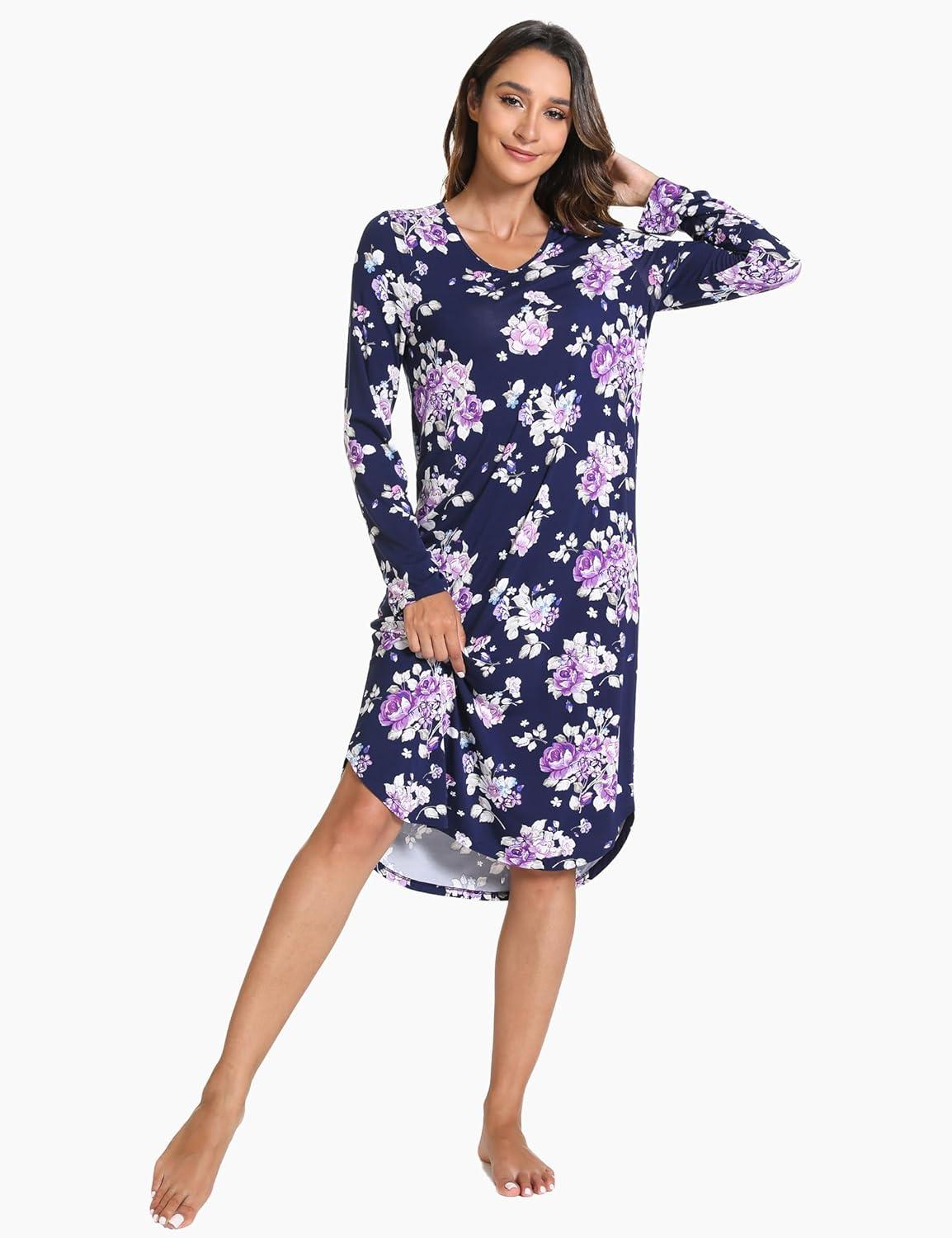 imageGYS Bamboo Viscose Nightgowns for Women Soft Long Sleeve V Neck Night Shirts Sleepwear Below the Knee Long Nightgown PajamaPurple Floral