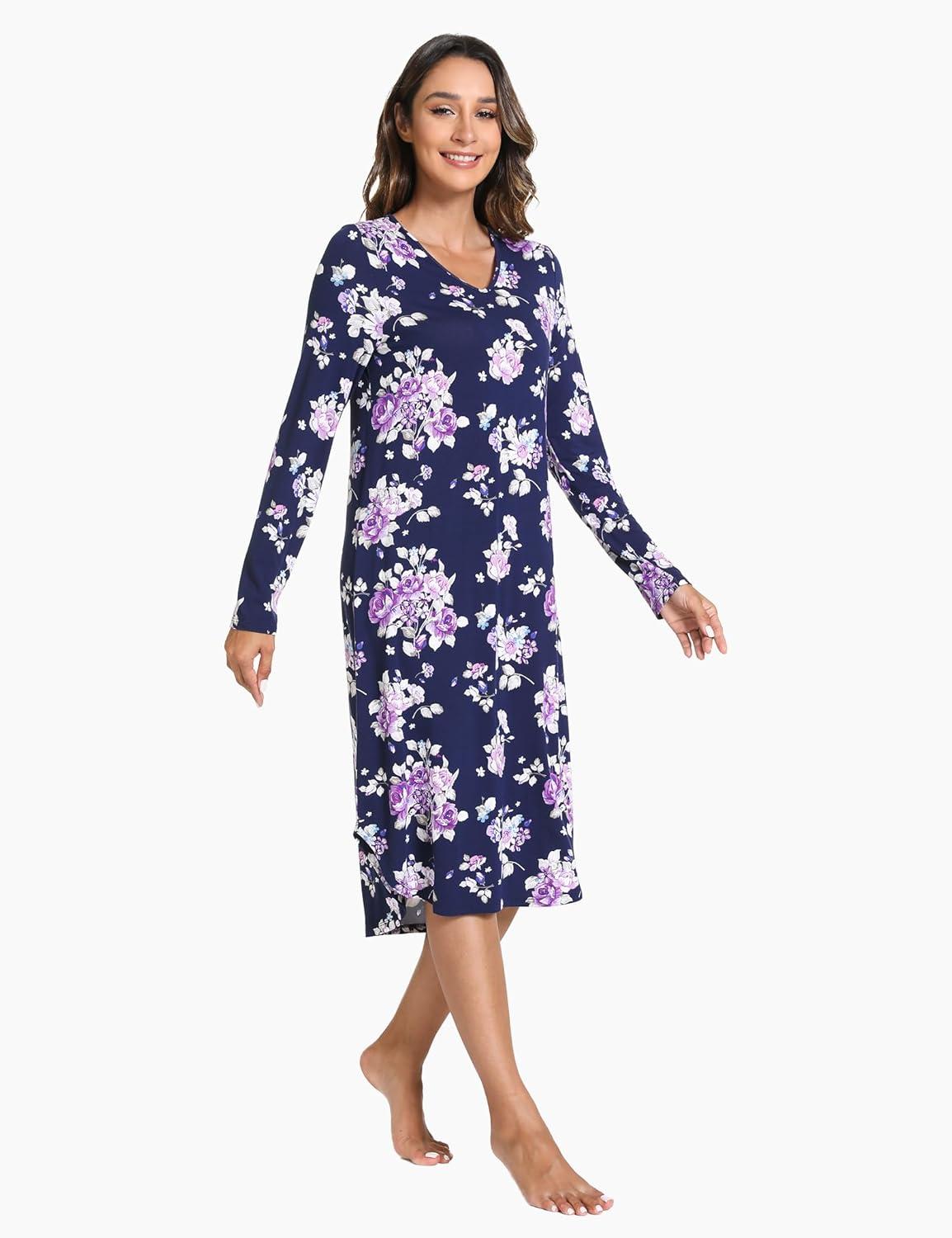 imageGYS Bamboo Viscose Nightgowns for Women Soft Long Sleeve V Neck Night Shirts Sleepwear Below the Knee Long Nightgown PajamaPurple Floral
