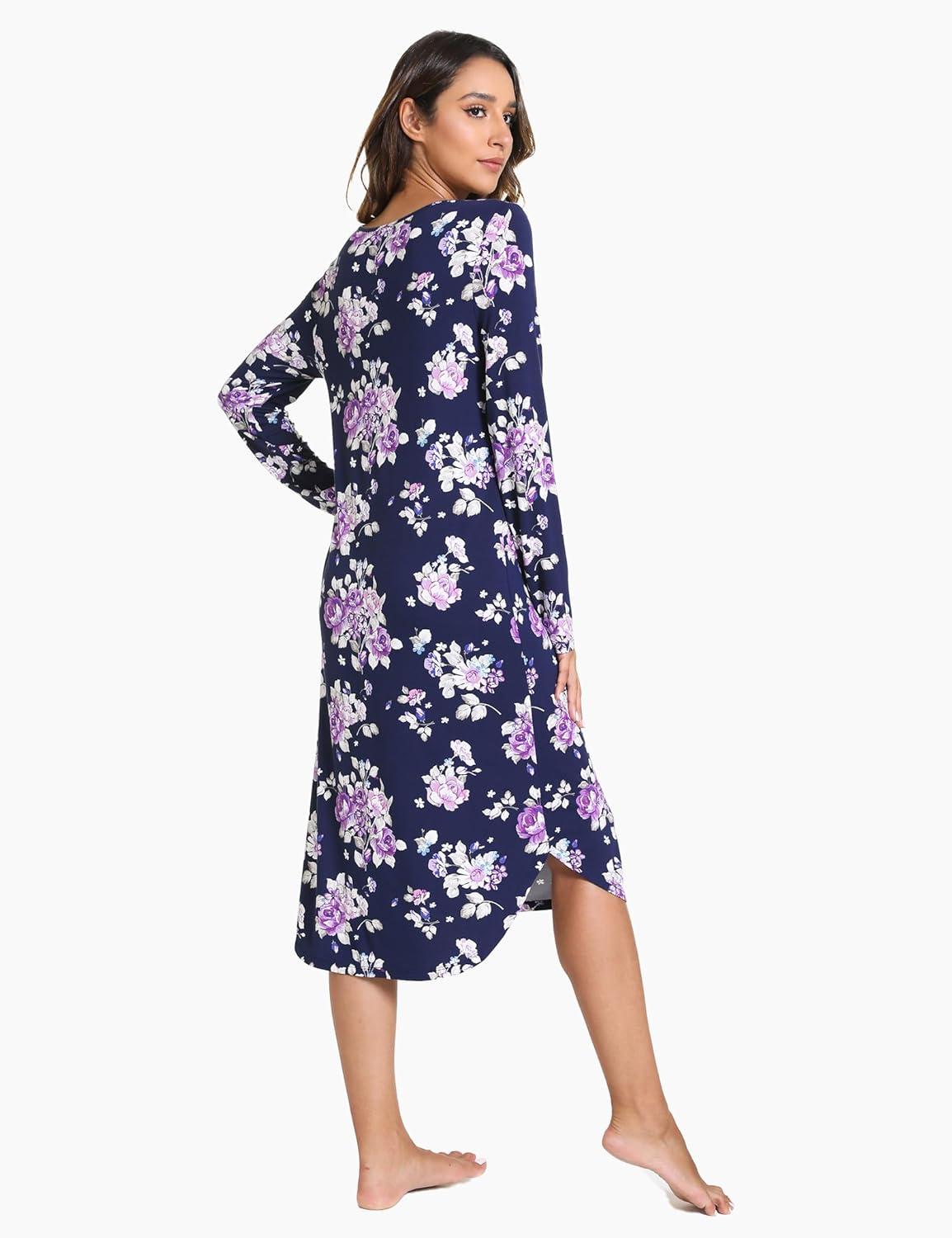 imageGYS Bamboo Viscose Nightgowns for Women Soft Long Sleeve V Neck Night Shirts Sleepwear Below the Knee Long Nightgown PajamaPurple Floral