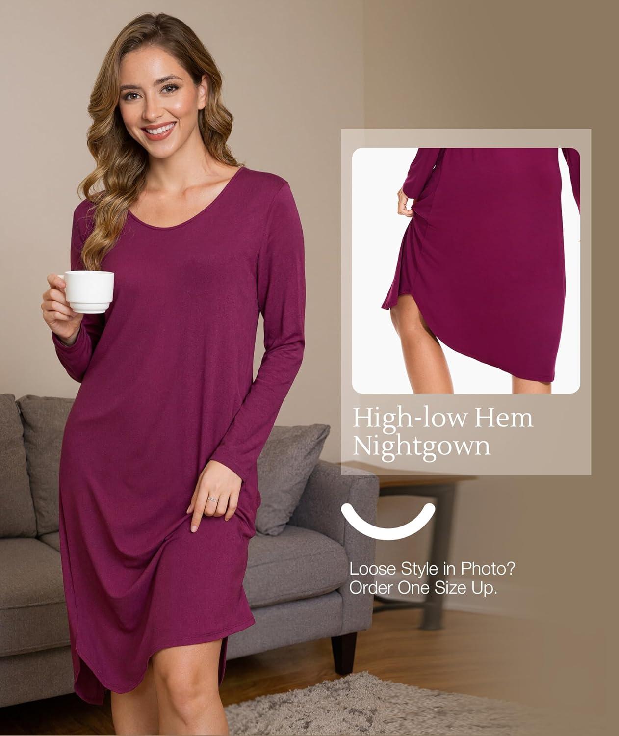 imageGYS Bamboo Viscose Nightgowns for Women Soft Long Sleeve V Neck Night Shirts Sleepwear Below the Knee Long Nightgown PajamaPurplish Red