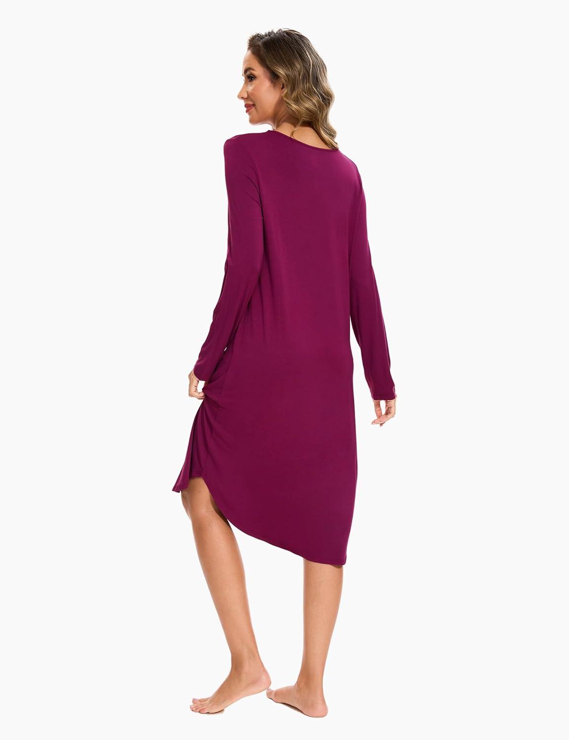 imageGYS Bamboo Viscose Nightgowns for Women Soft Long Sleeve V Neck Night Shirts Sleepwear Below the Knee Long Nightgown PajamaPurplish Red