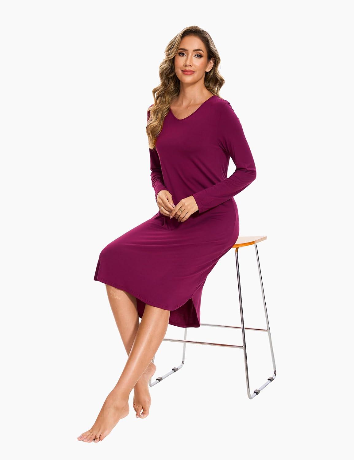imageGYS Bamboo Viscose Nightgowns for Women Soft Long Sleeve V Neck Night Shirts Sleepwear Below the Knee Long Nightgown PajamaPurplish Red