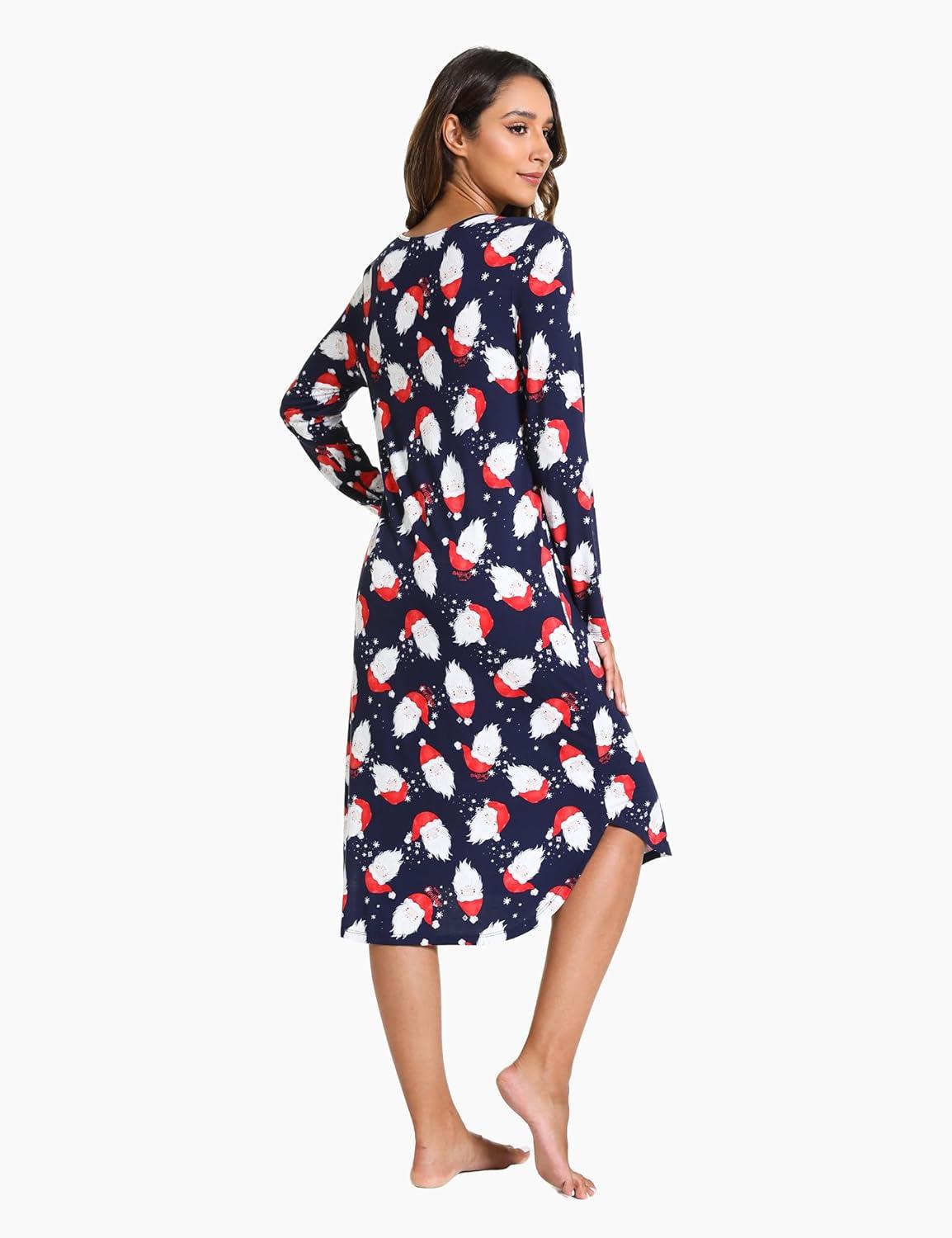 imageGYS Bamboo Viscose Nightgowns for Women Soft Long Sleeve V Neck Night Shirts Sleepwear Below the Knee Long Nightgown PajamaSanta Claus Navy