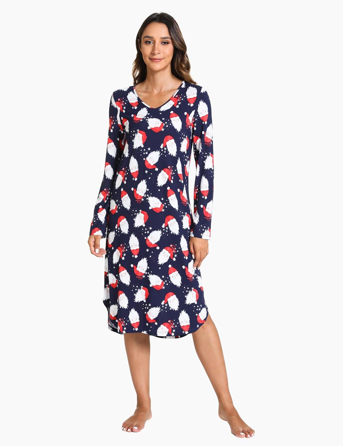 imageGYS Bamboo Viscose Nightgowns for Women Soft Long Sleeve V Neck Night Shirts Sleepwear Below the Knee Long Nightgown PajamaSanta Claus Navy