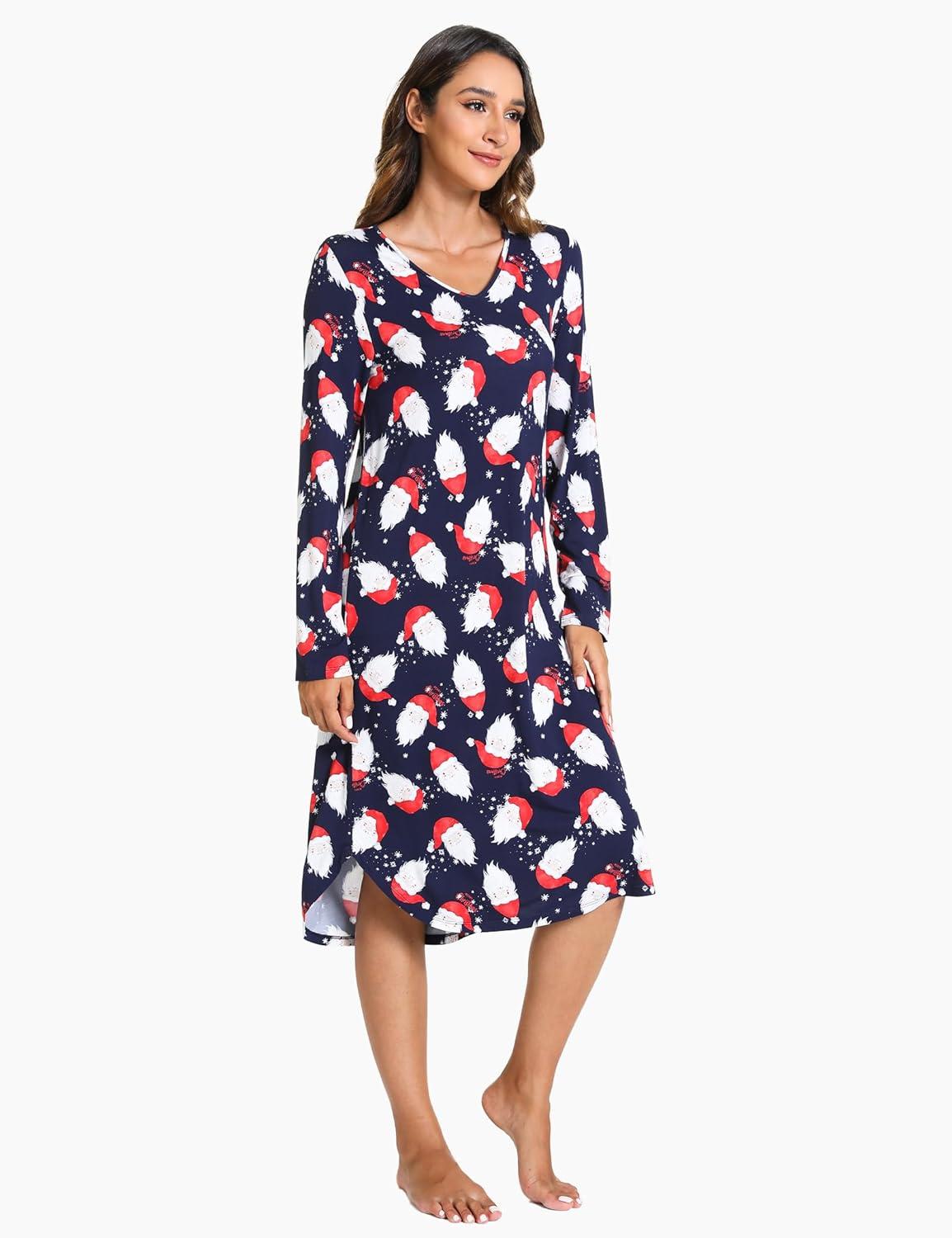 imageGYS Bamboo Viscose Nightgowns for Women Soft Long Sleeve V Neck Night Shirts Sleepwear Below the Knee Long Nightgown PajamaSanta Claus Navy