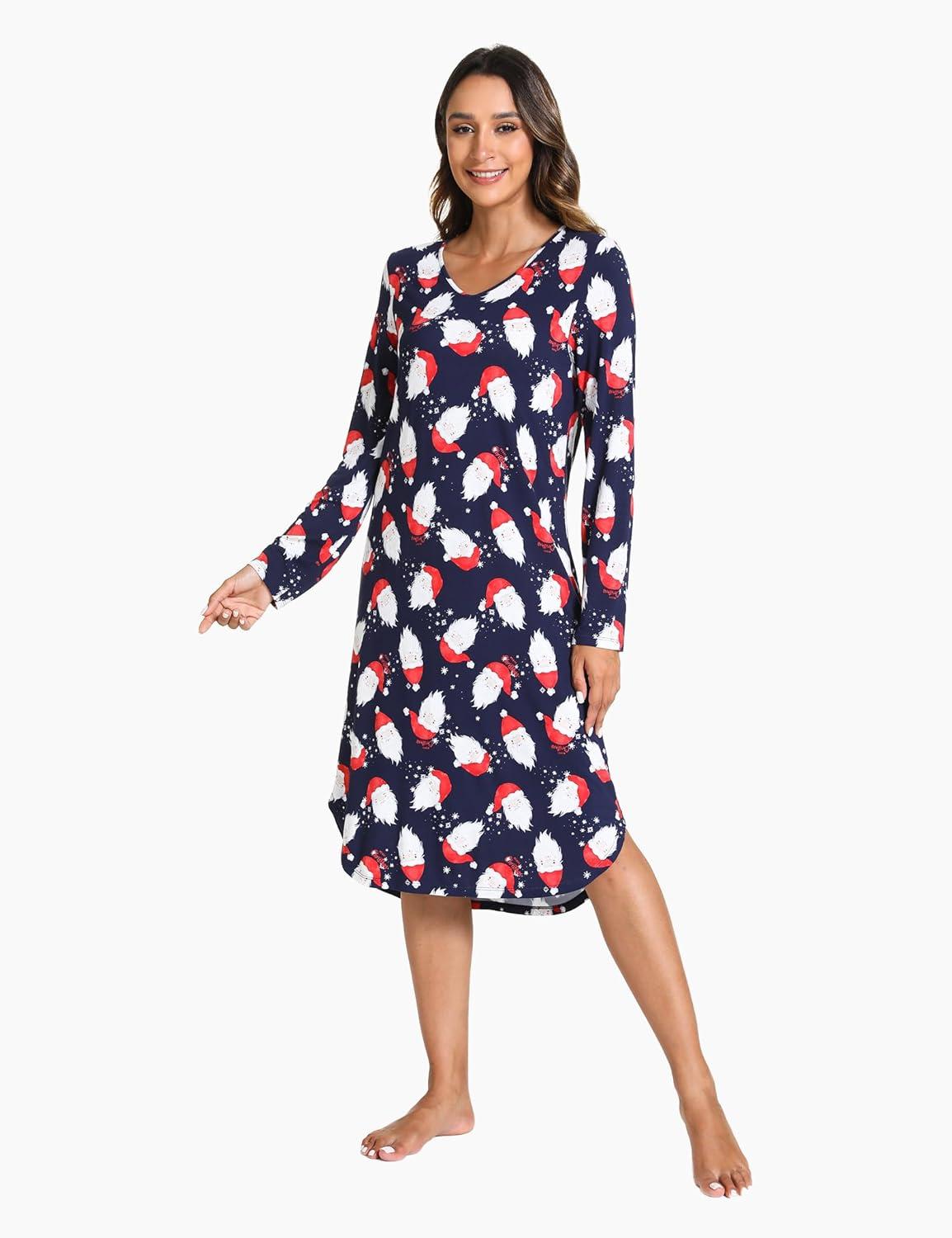 imageGYS Bamboo Viscose Nightgowns for Women Soft Long Sleeve V Neck Night Shirts Sleepwear Below the Knee Long Nightgown PajamaSanta Claus Navy