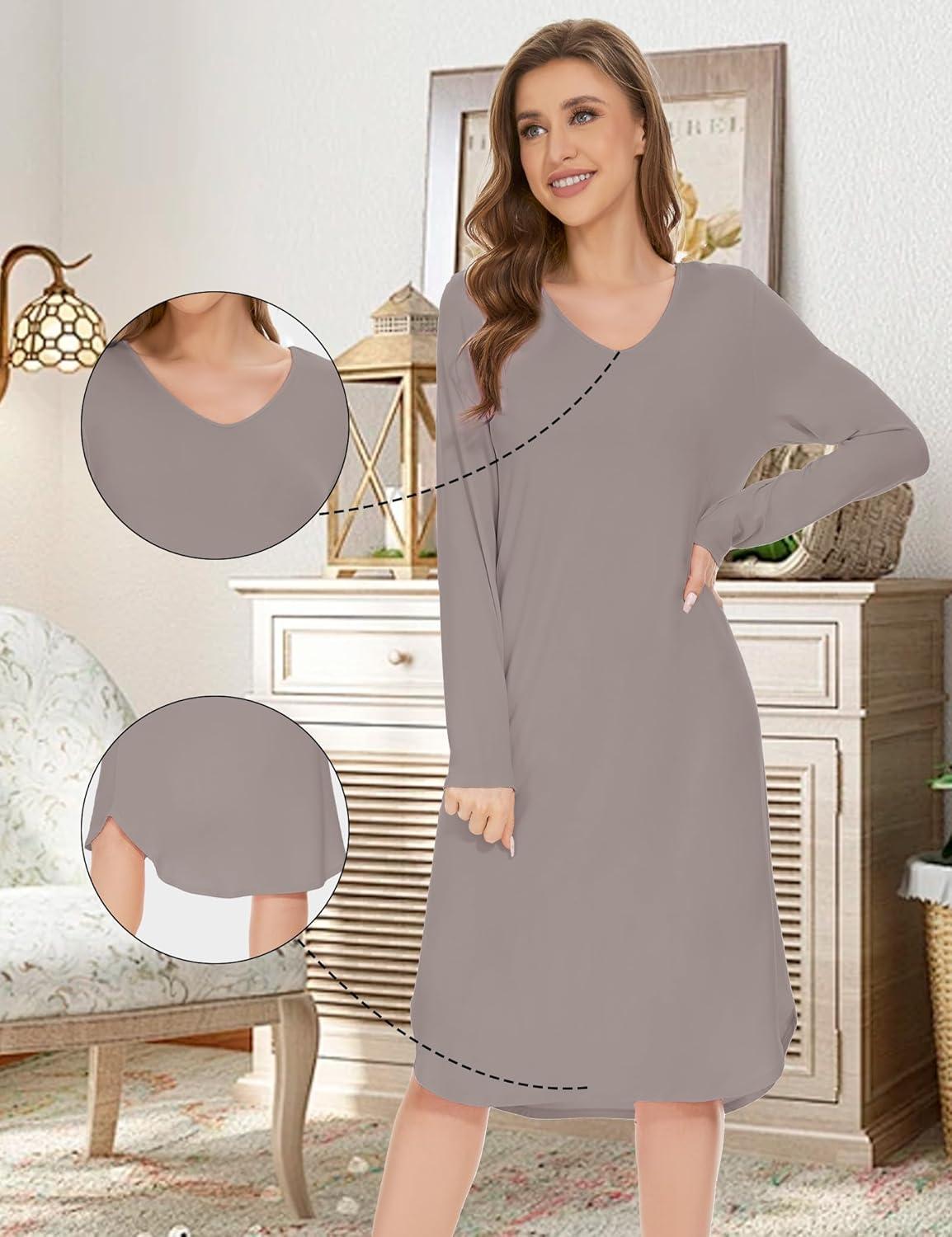 imageGYS Bamboo Viscose Nightgowns for Women Soft Long Sleeve V Neck Night Shirts Sleepwear Below the Knee Long Nightgown PajamaTaupe