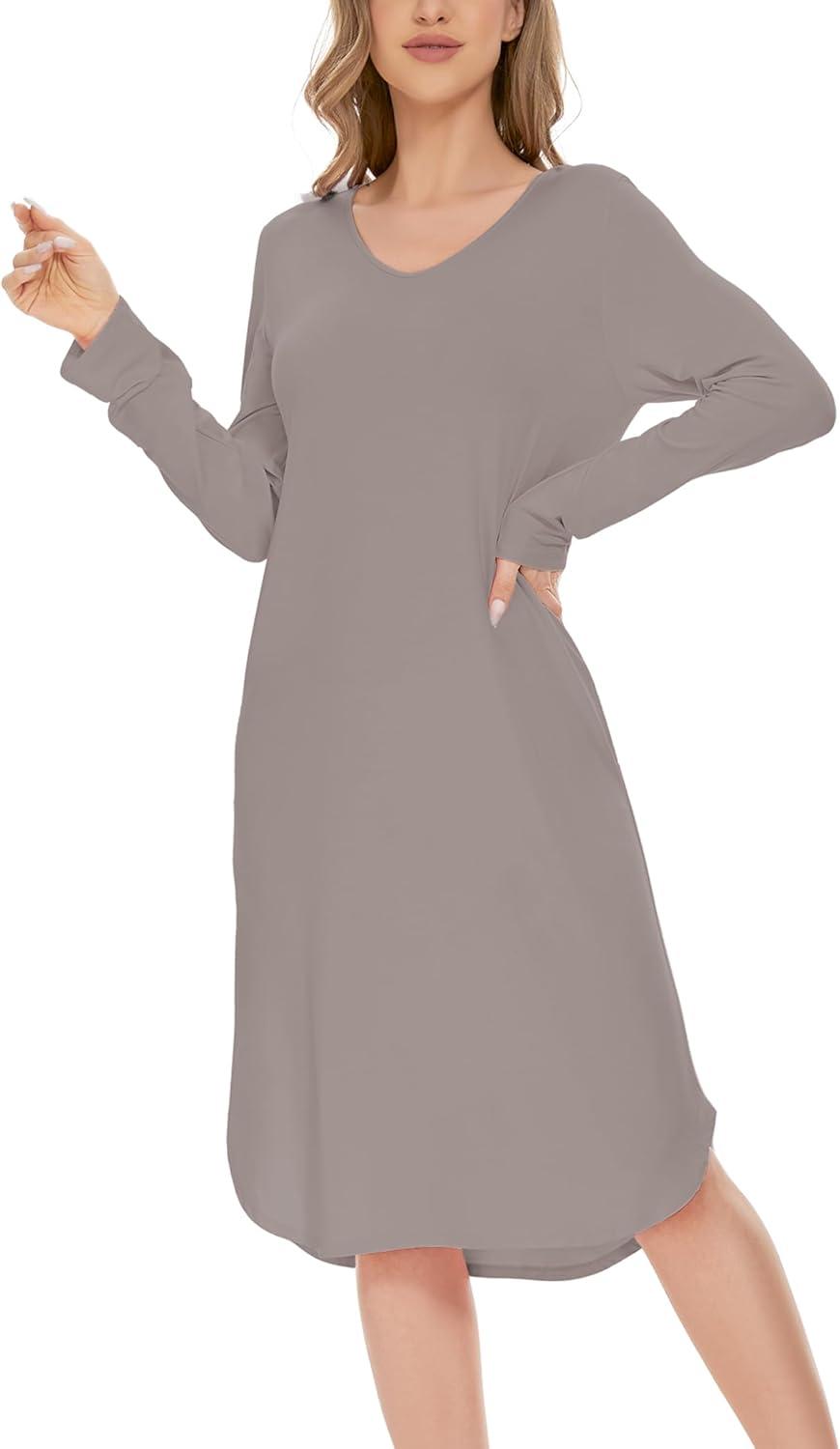 imageGYS Bamboo Viscose Nightgowns for Women Soft Long Sleeve V Neck Night Shirts Sleepwear Below the Knee Long Nightgown PajamaTaupe
