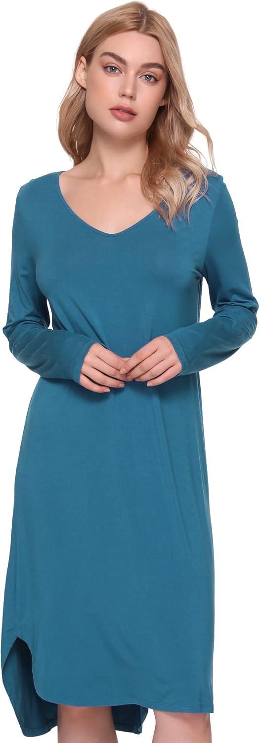 imageGYS Bamboo Viscose Nightgowns for Women Soft Long Sleeve V Neck Night Shirts Sleepwear Below the Knee Long Nightgown PajamaTeal Blue