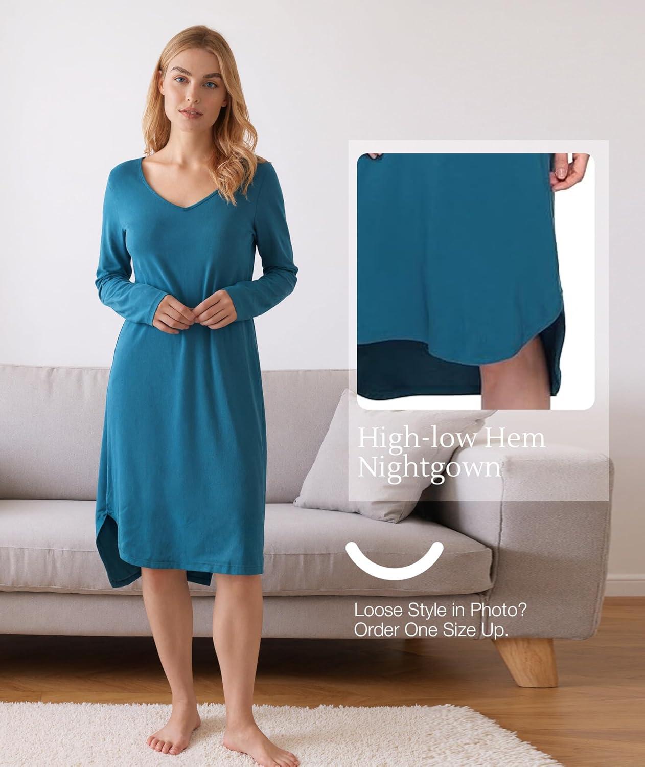 imageGYS Bamboo Viscose Nightgowns for Women Soft Long Sleeve V Neck Night Shirts Sleepwear Below the Knee Long Nightgown PajamaTeal Blue
