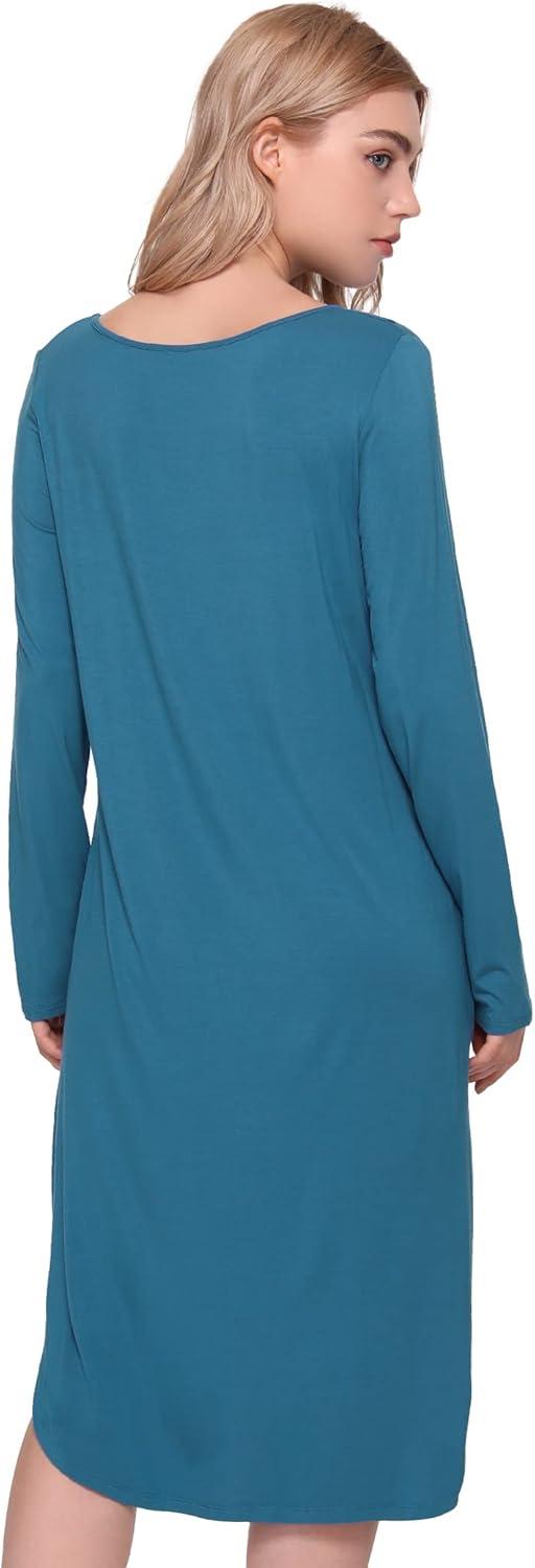 imageGYS Bamboo Viscose Nightgowns for Women Soft Long Sleeve V Neck Night Shirts Sleepwear Below the Knee Long Nightgown PajamaTeal Blue