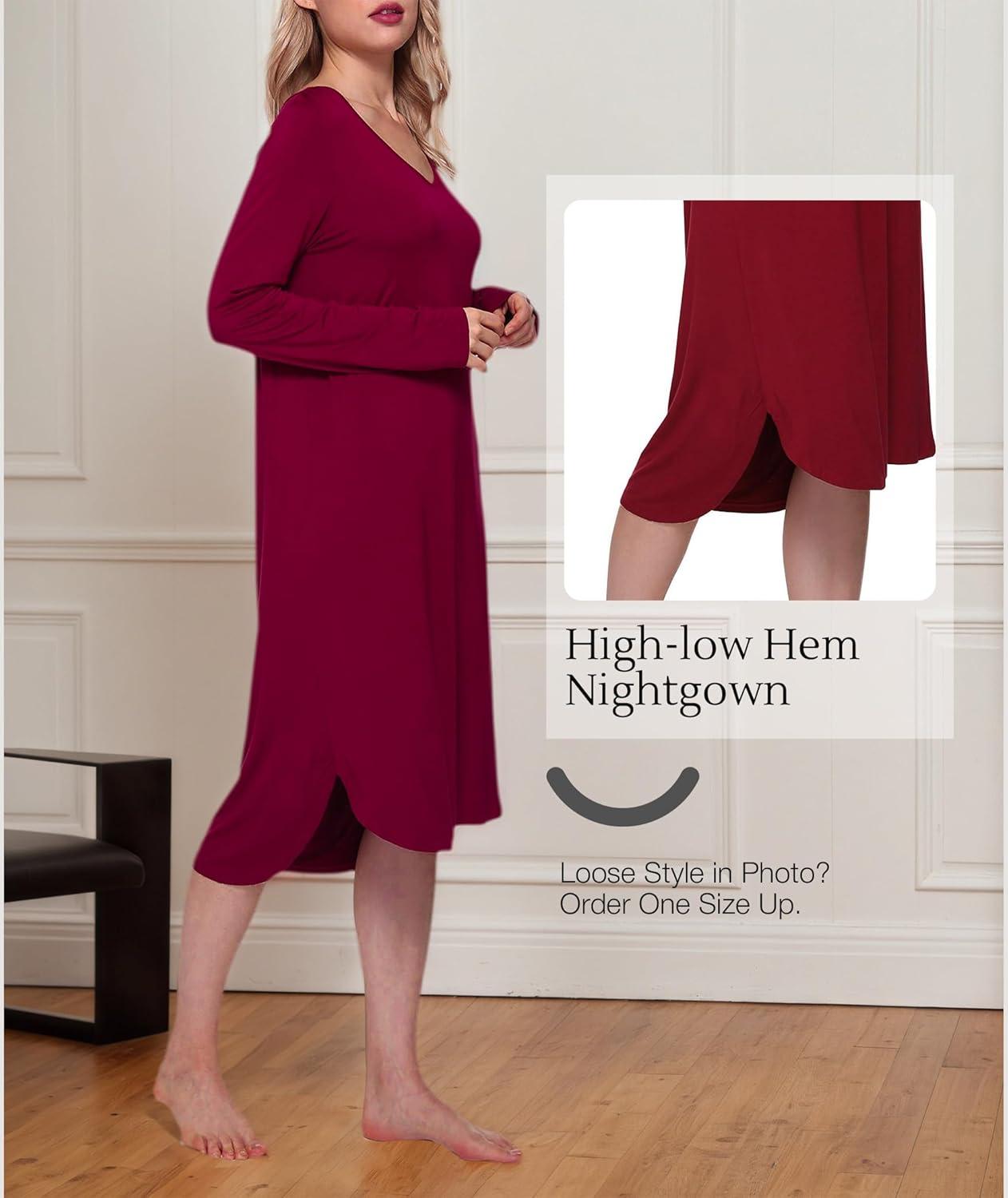 imageGYS Bamboo Viscose Nightgowns for Women Soft Long Sleeve V Neck Night Shirts Sleepwear Below the Knee Long Nightgown PajamaWine