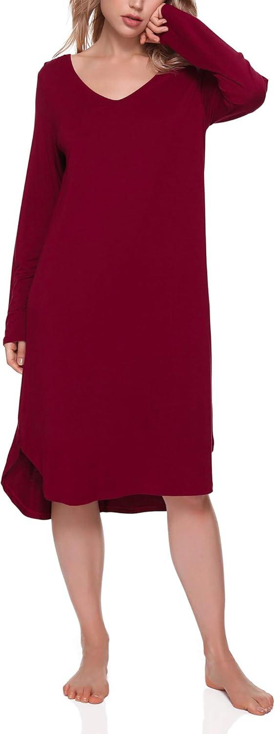 imageGYS Bamboo Viscose Nightgowns for Women Soft Long Sleeve V Neck Night Shirts Sleepwear Below the Knee Long Nightgown PajamaWine
