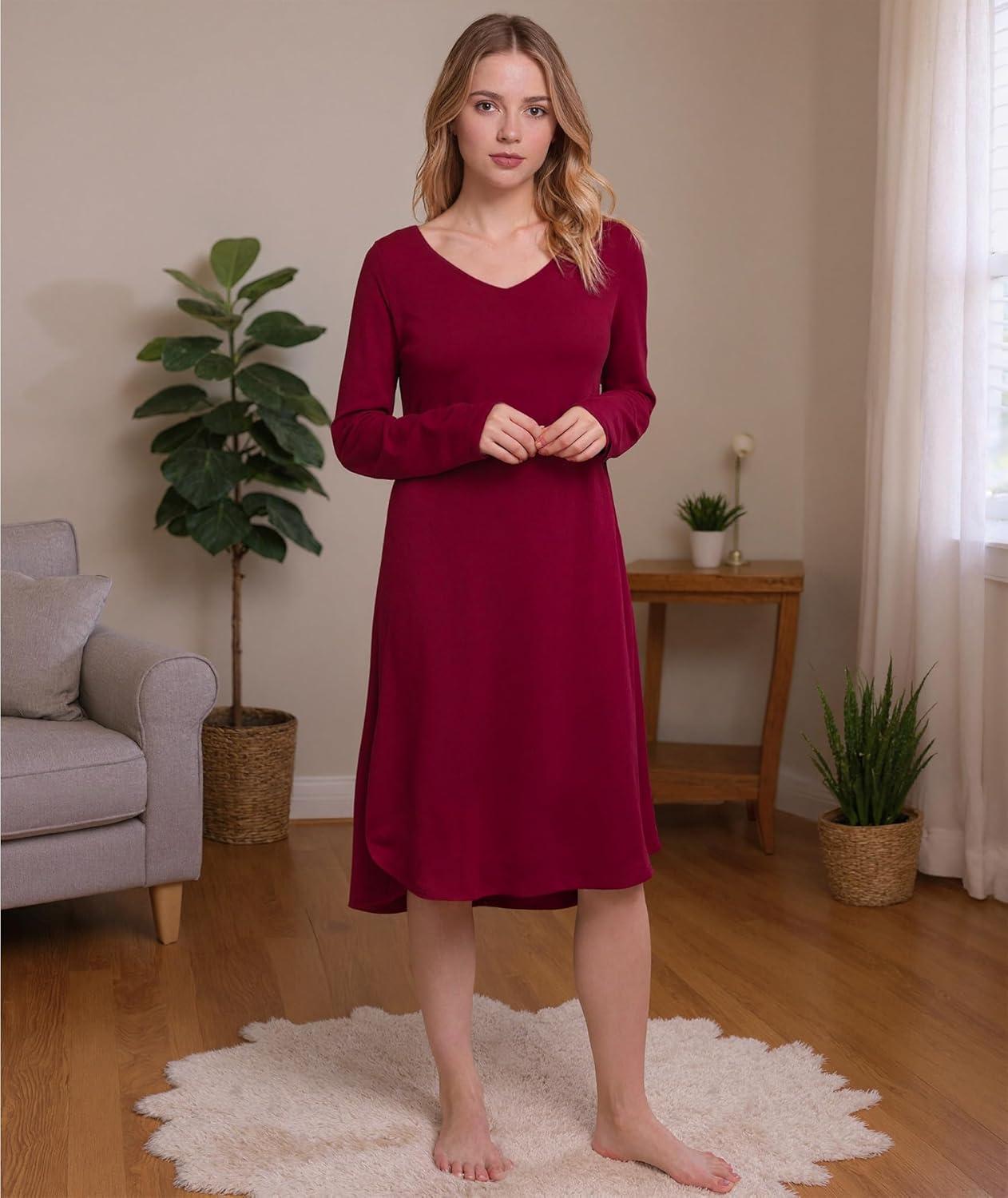 imageGYS Bamboo Viscose Nightgowns for Women Soft Long Sleeve V Neck Night Shirts Sleepwear Below the Knee Long Nightgown PajamaWine