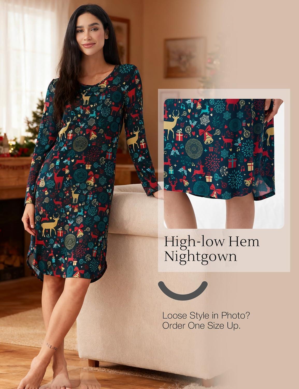 imageGYS Bamboo Viscose Nightgowns for Women Soft Long Sleeve V Neck Night Shirts Sleepwear Below the Knee Long Nightgown PajamaXmas Chaos