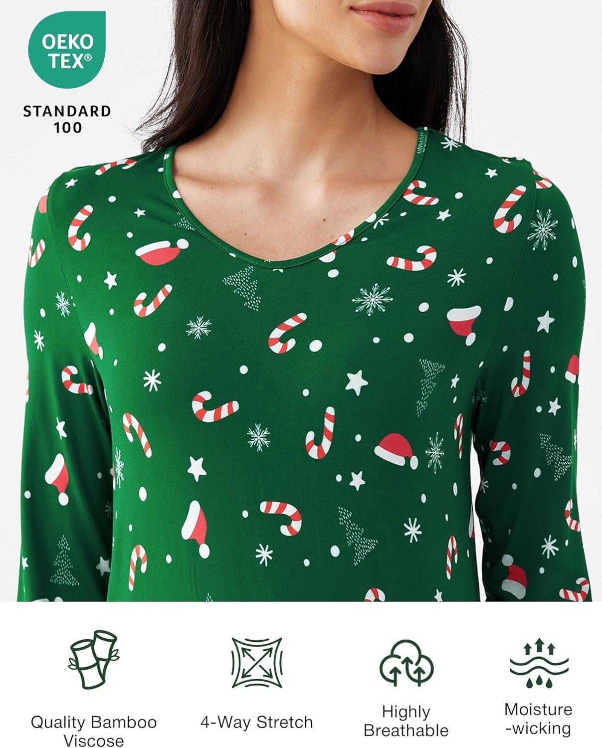 imageGYS Bamboo Viscose Nightgowns for Women Soft Long Sleeve V Neck Night Shirts Sleepwear Below the Knee Long Nightgown PajamaXmas Green