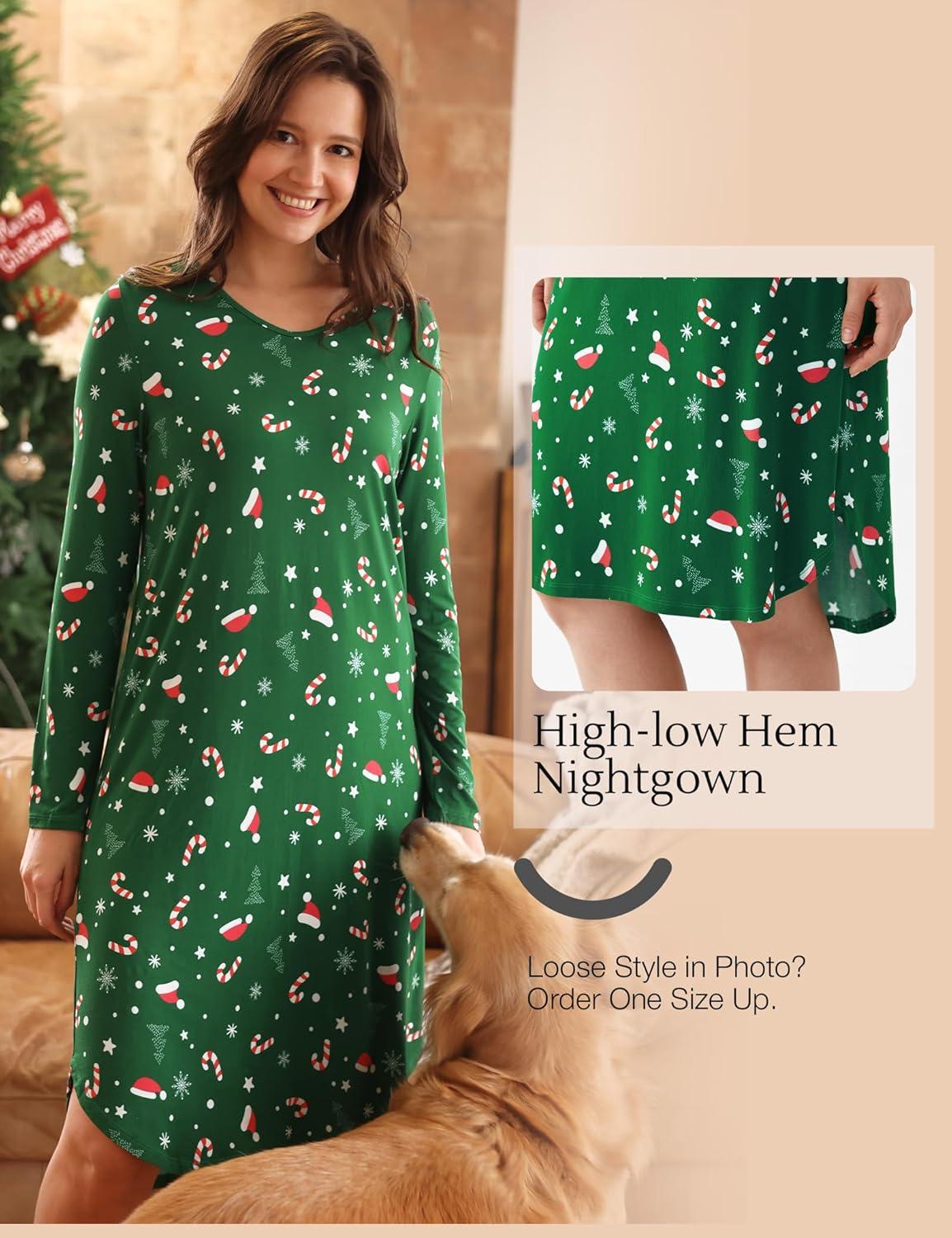 imageGYS Bamboo Viscose Nightgowns for Women Soft Long Sleeve V Neck Night Shirts Sleepwear Below the Knee Long Nightgown PajamaXmas Green