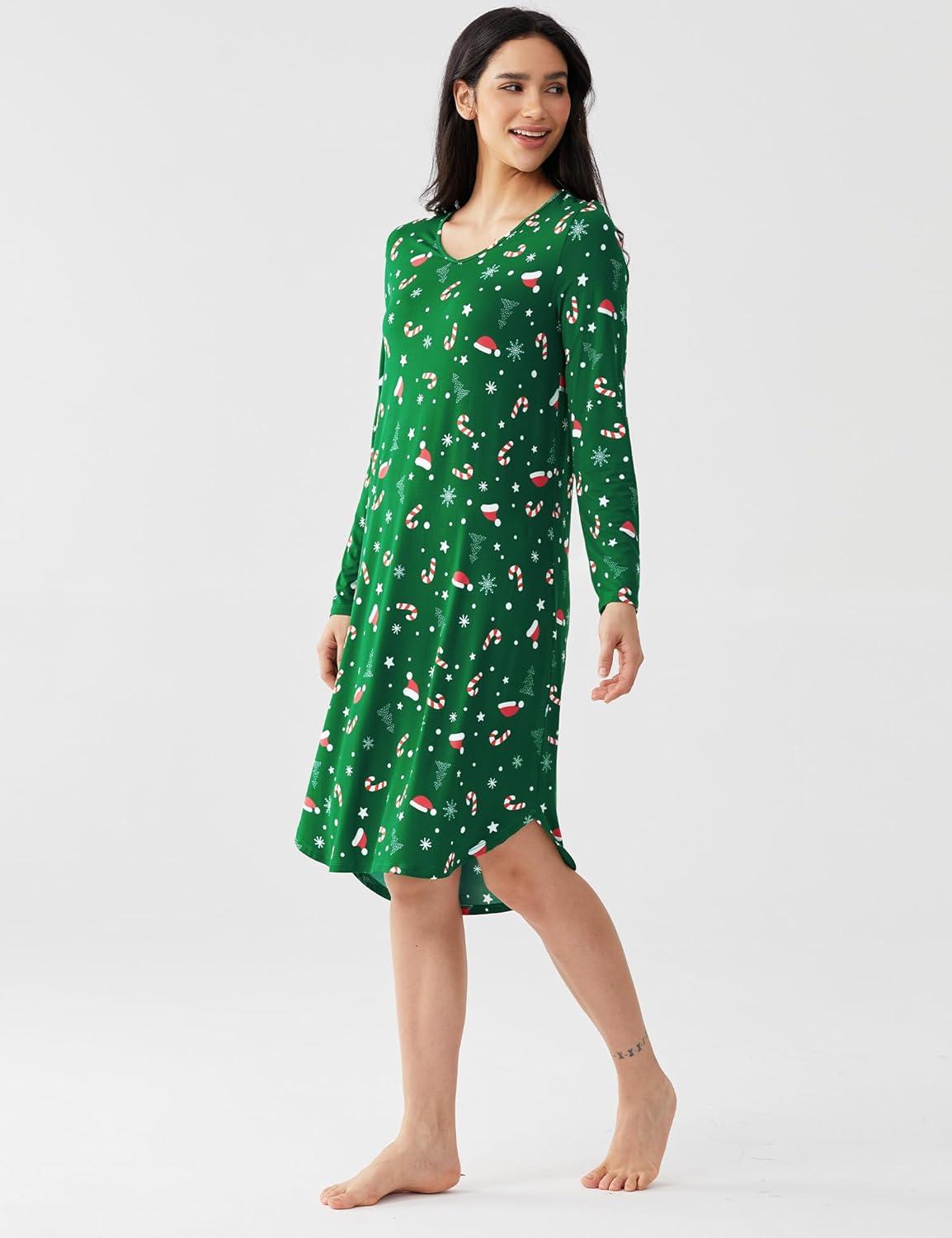 imageGYS Bamboo Viscose Nightgowns for Women Soft Long Sleeve V Neck Night Shirts Sleepwear Below the Knee Long Nightgown PajamaXmas Green