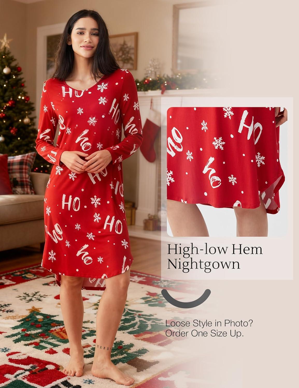 imageGYS Bamboo Viscose Nightgowns for Women Soft Long Sleeve V Neck Night Shirts Sleepwear Below the Knee Long Nightgown PajamaXmas Red