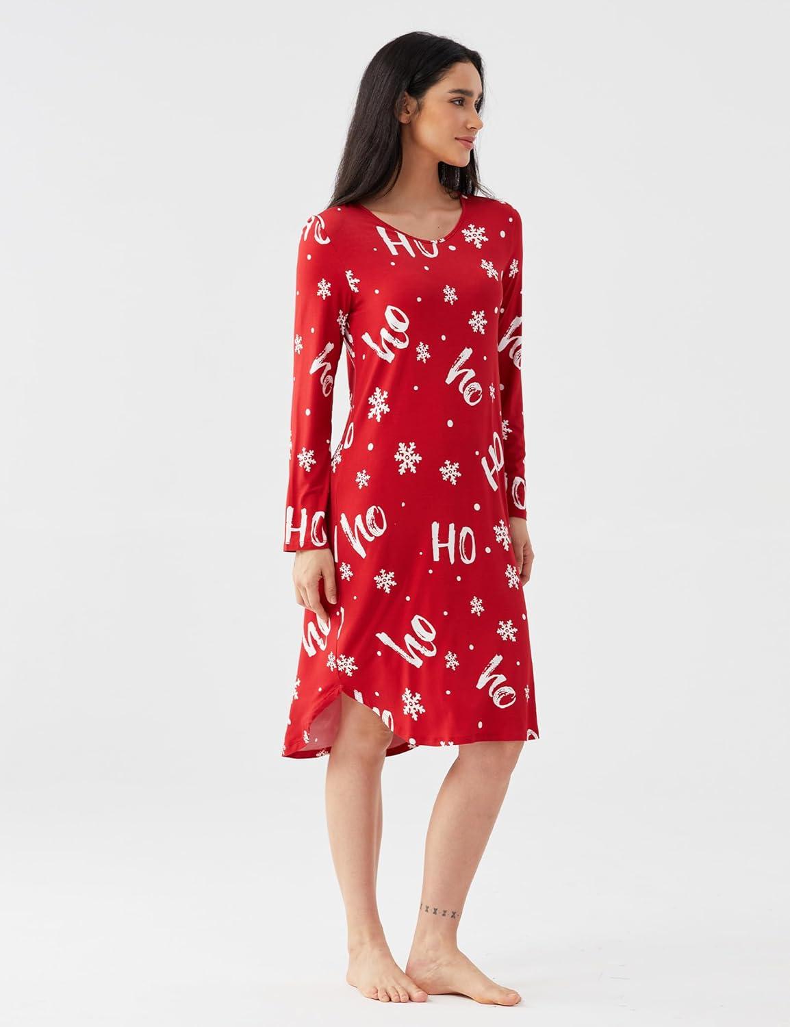 imageGYS Bamboo Viscose Nightgowns for Women Soft Long Sleeve V Neck Night Shirts Sleepwear Below the Knee Long Nightgown PajamaXmas Red