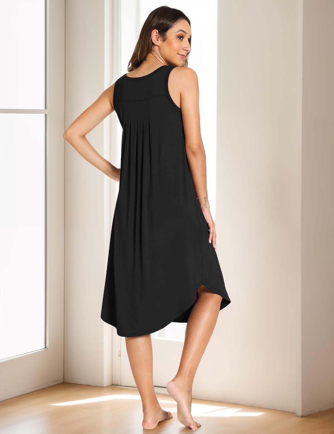 imageGYS Bamboo Viscose Nightgowns for Women Soft Sleeveless Pleated Night DressBlack