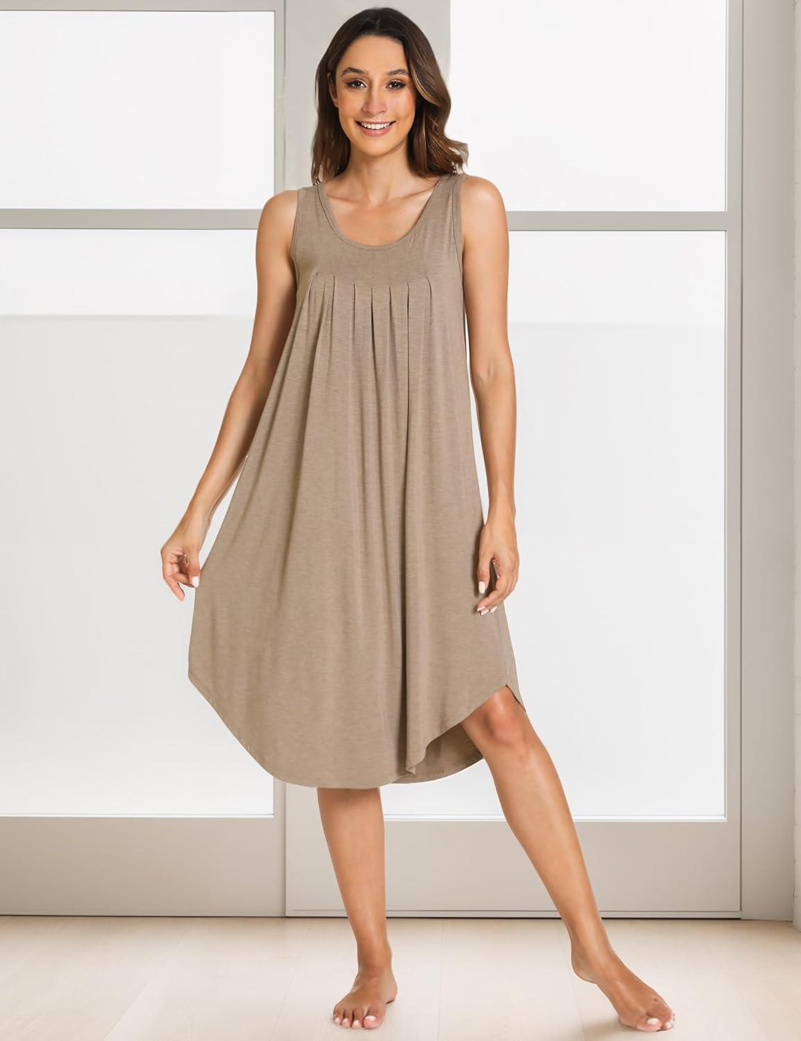 imageGYS Bamboo Viscose Nightgowns for Women Soft Sleeveless Pleated Night DressCamel