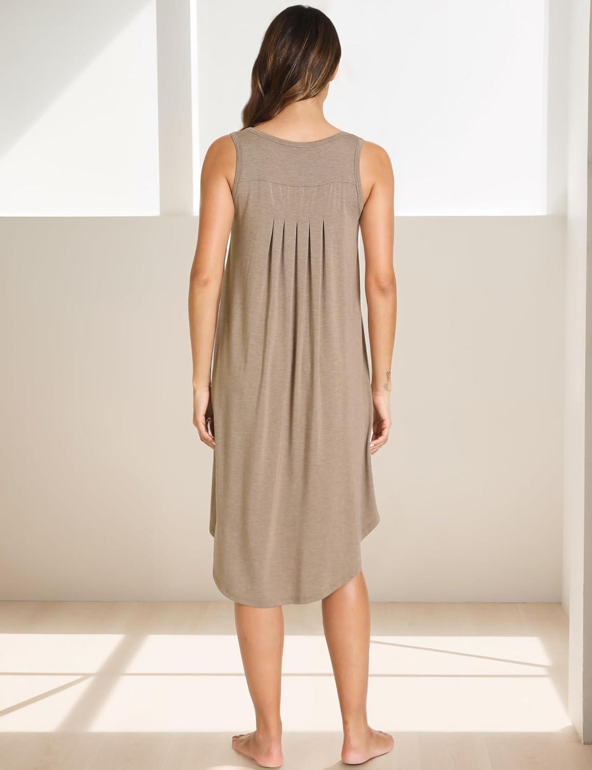 imageGYS Bamboo Viscose Nightgowns for Women Soft Sleeveless Pleated Night DressCamel