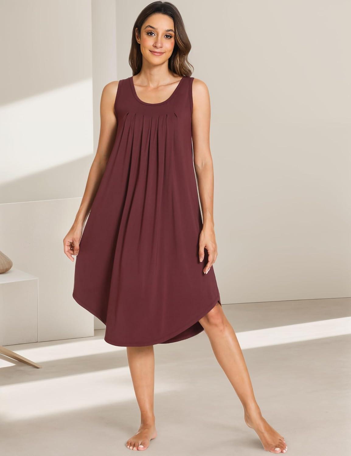 imageGYS Bamboo Viscose Nightgowns for Women Soft Sleeveless Pleated Night DressFicus Red