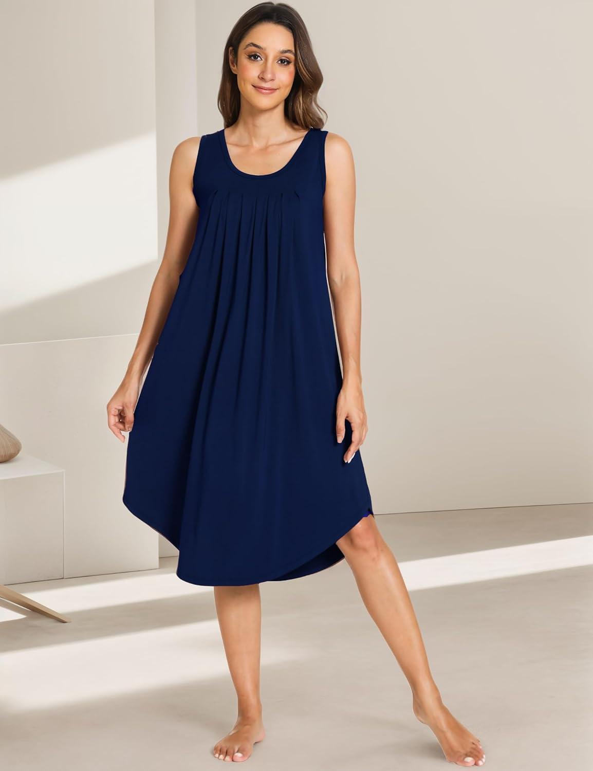 imageGYS Bamboo Viscose Nightgowns for Women Soft Sleeveless Pleated Night DressNavy
