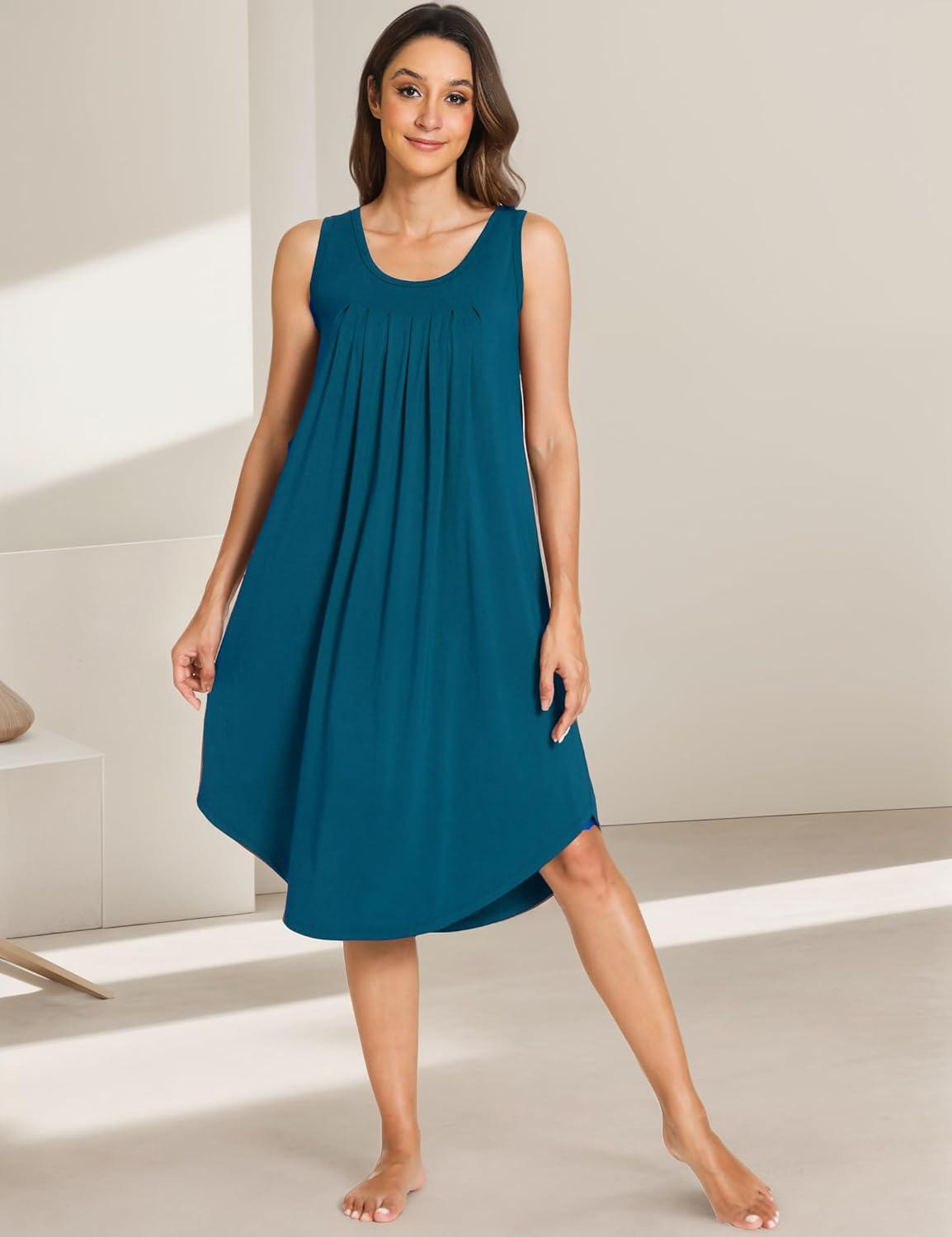 imageGYS Bamboo Viscose Nightgowns for Women Soft Sleeveless Pleated Night DressPeacock Blue