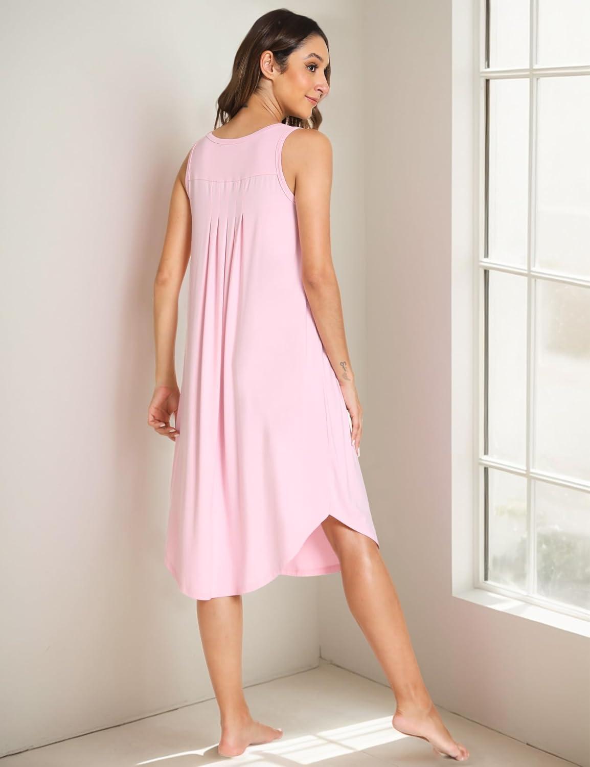 imageGYS Bamboo Viscose Nightgowns for Women Soft Sleeveless Pleated Night DressPink