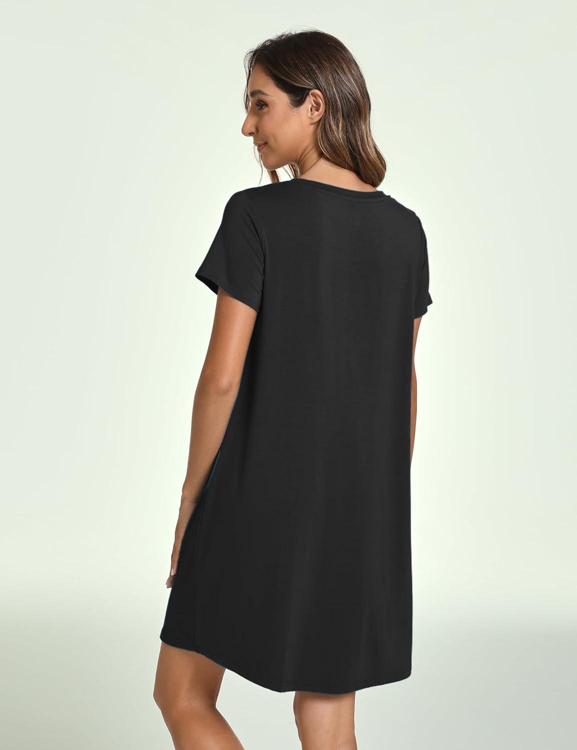 imageGYS Bamboo Viscose Womens Nightgowns Classic Short Sleeve V Neck Sleep DressBlack