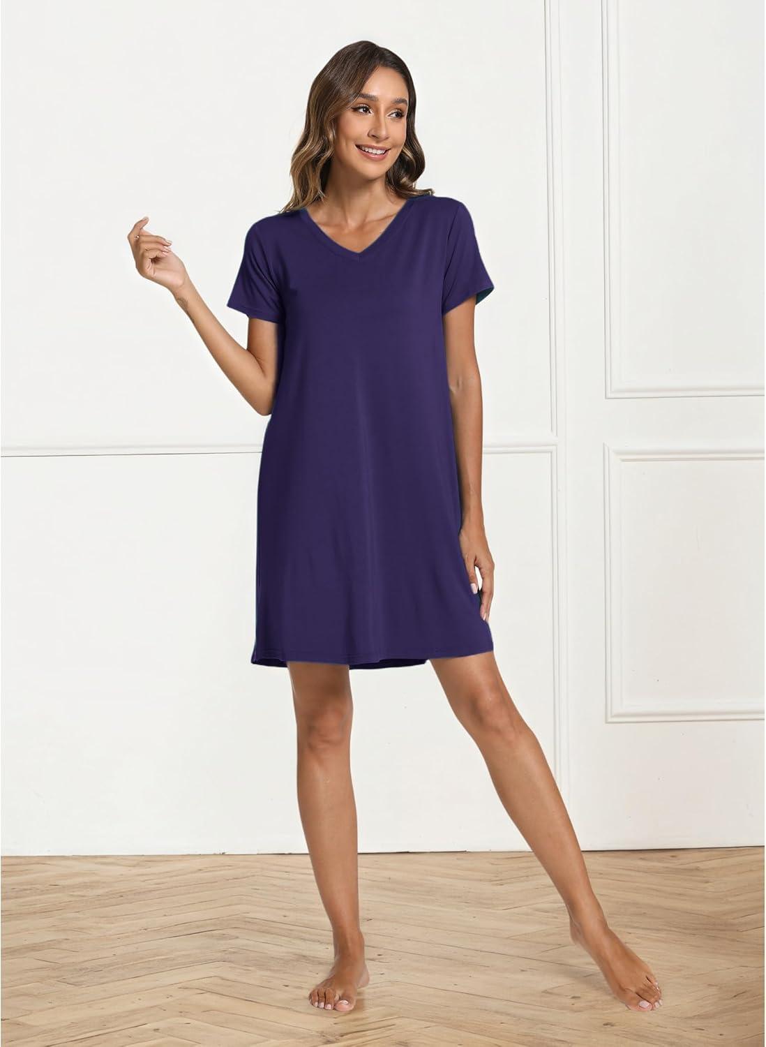 imageGYS Bamboo Viscose Womens Nightgowns Classic Short Sleeve V Neck Sleep DressDeep Purple